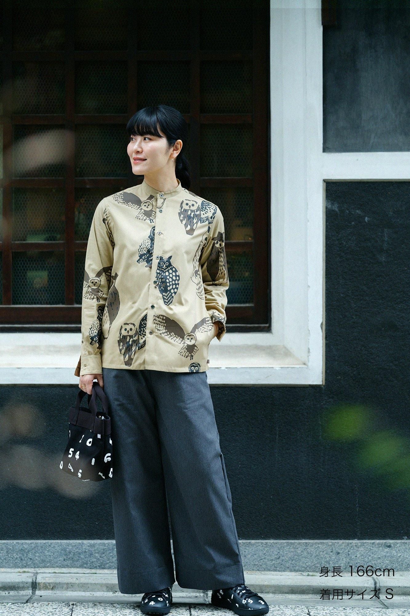 Cotton Tencel Stand Collar Long-sleeved Shirt SP / Owl Hazelnut Color