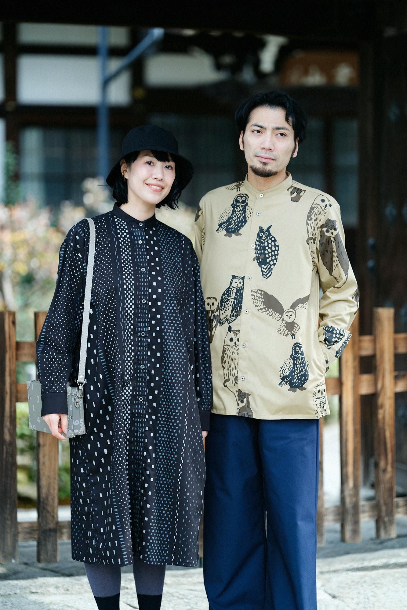 Cotton Tencel Stand Collar Long-sleeved Shirt SP / Owl Hazelnut Color