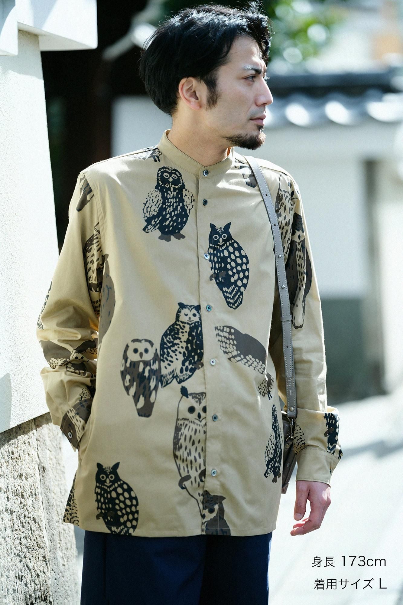 Cotton Tencel Stand Collar Long-sleeved Shirt SP / Owl Hazelnut Color
