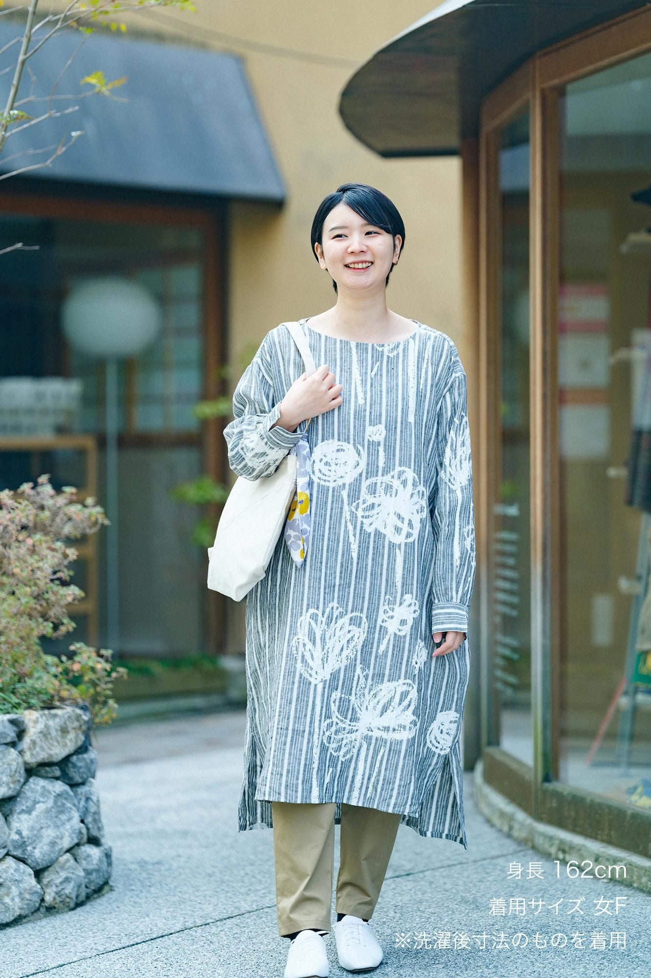 亞麻格子休閒襯衫洋裝/柔和和留白