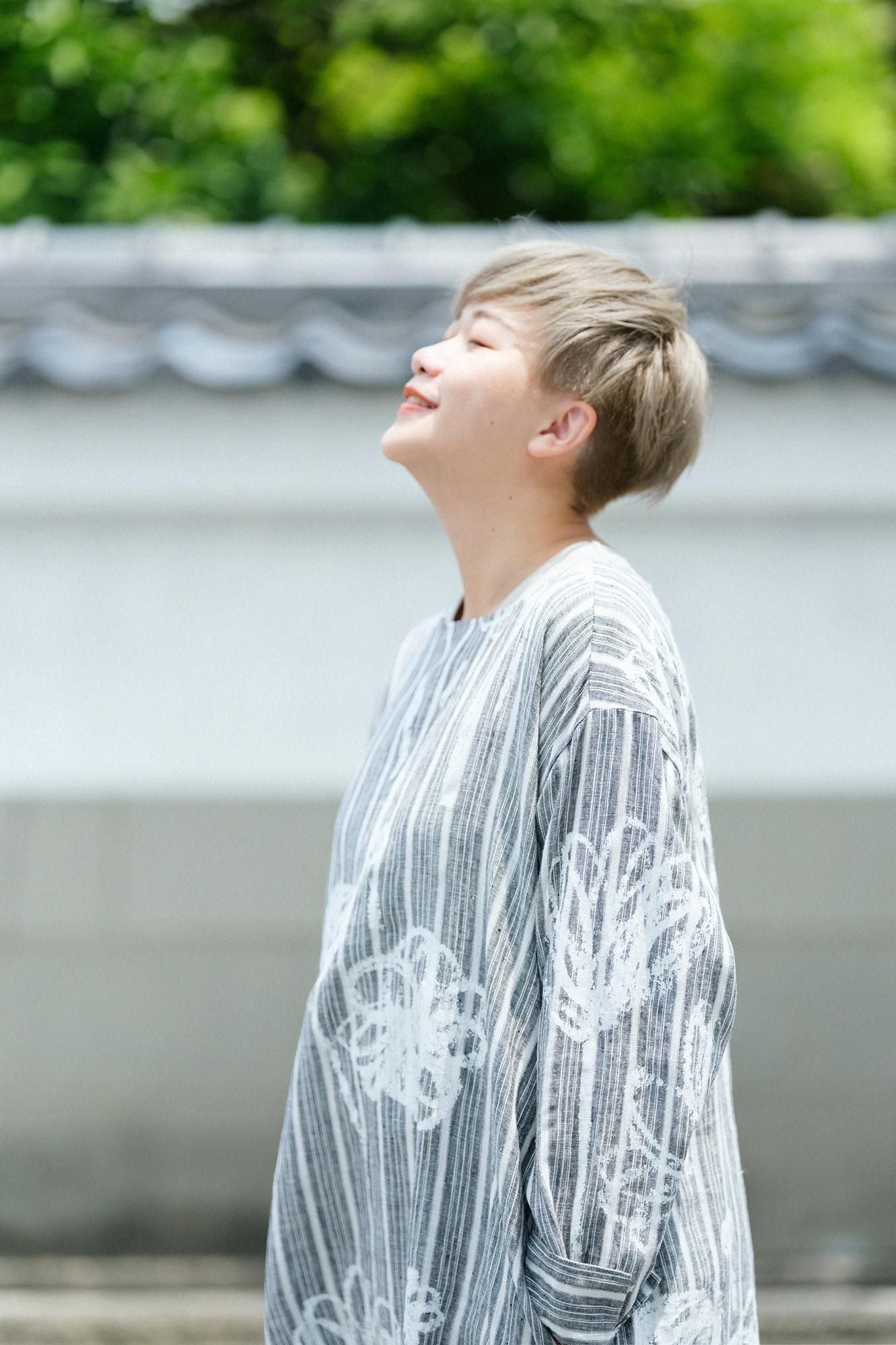 亞麻格子休閒襯衫洋裝/柔和和留白