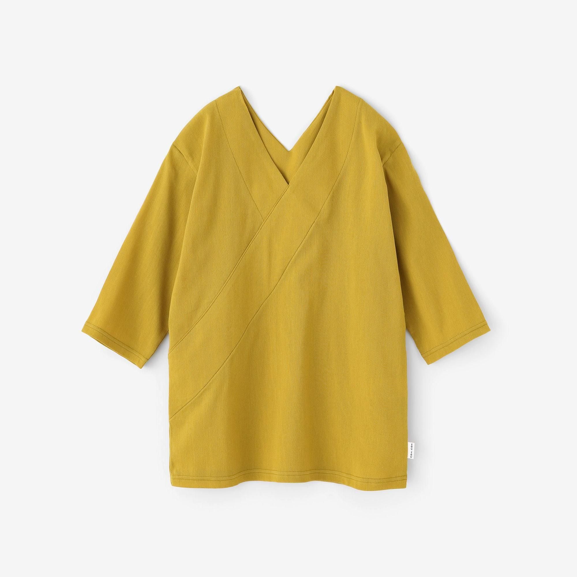 Chizimi Cotton 40/40 V-neck Shirt Elbow Length Sleeve/Mustard Color(presentsShiro)