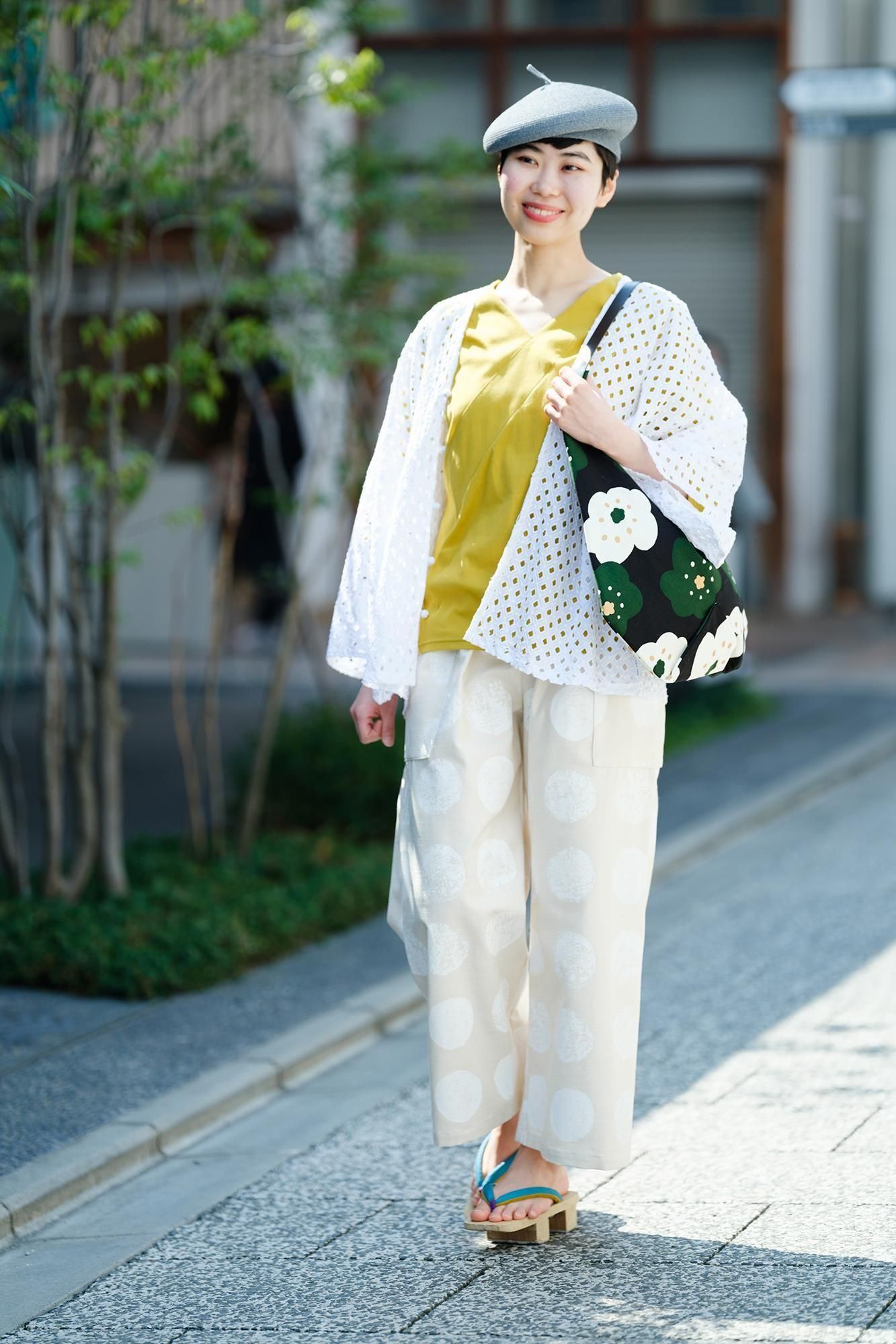 Chizimi Cotton 40/40 V-neck Shirt Elbow Length Sleeve/Mustard Color(presentsShiro)