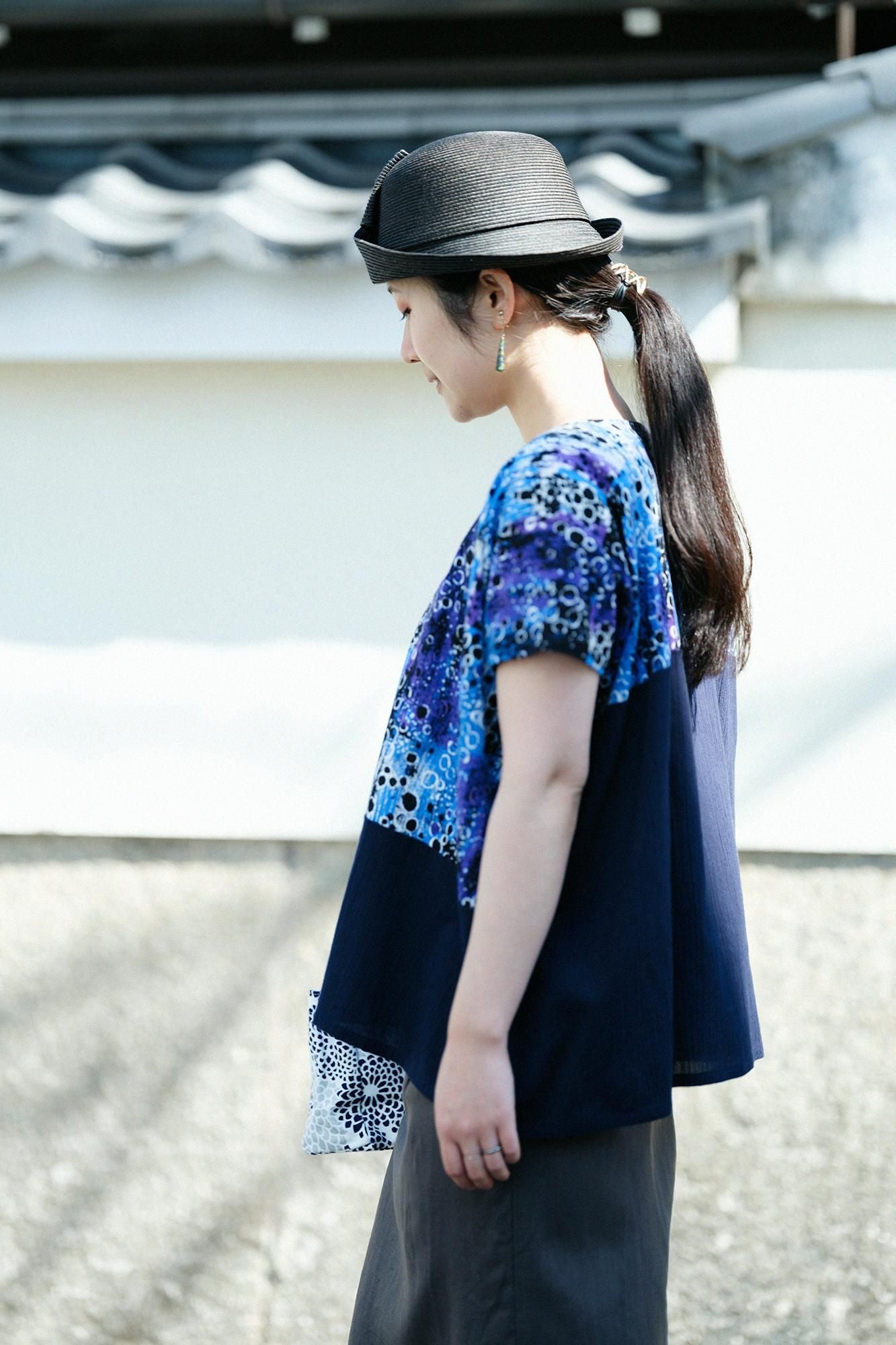 高島縮棉 20/20 方形上衣 雙色 肩紋樣/天目×藍黑色