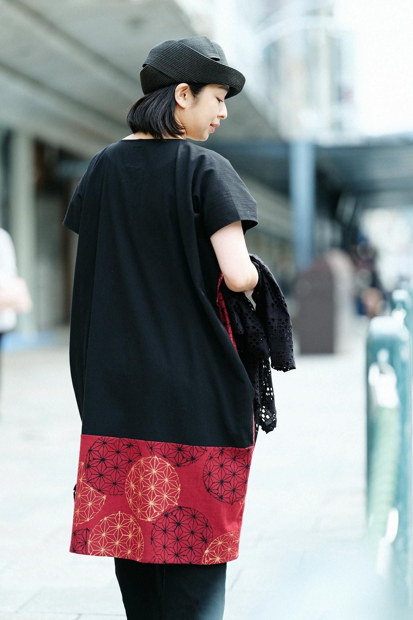 高島縮棉 20/20 長方形洋裝 雙色 下襬圖案/黑色×麻鞠