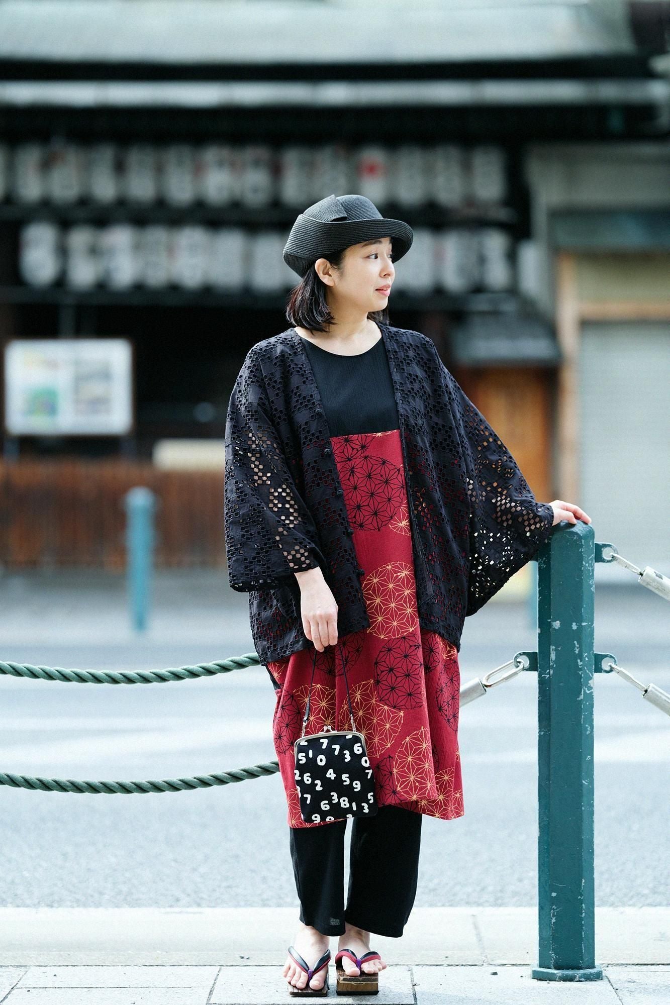 高島縮棉 20/20 長方形洋裝 雙色 下襬圖案/黑色×麻鞠