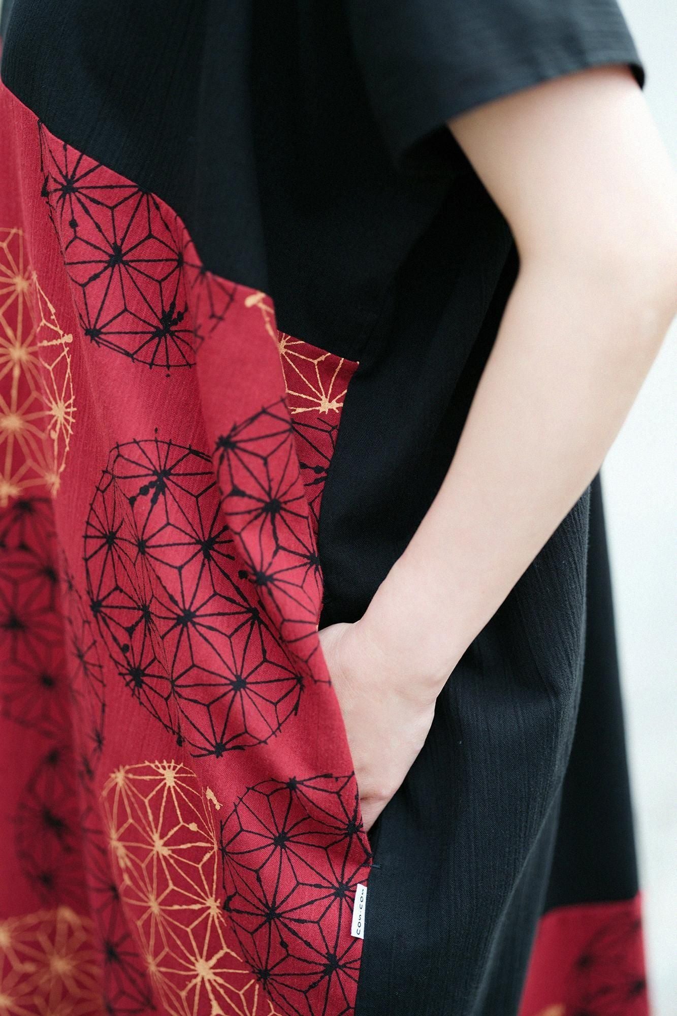 高島縮棉 20/20 長方形洋裝 雙色 下襬圖案/黑色×麻鞠