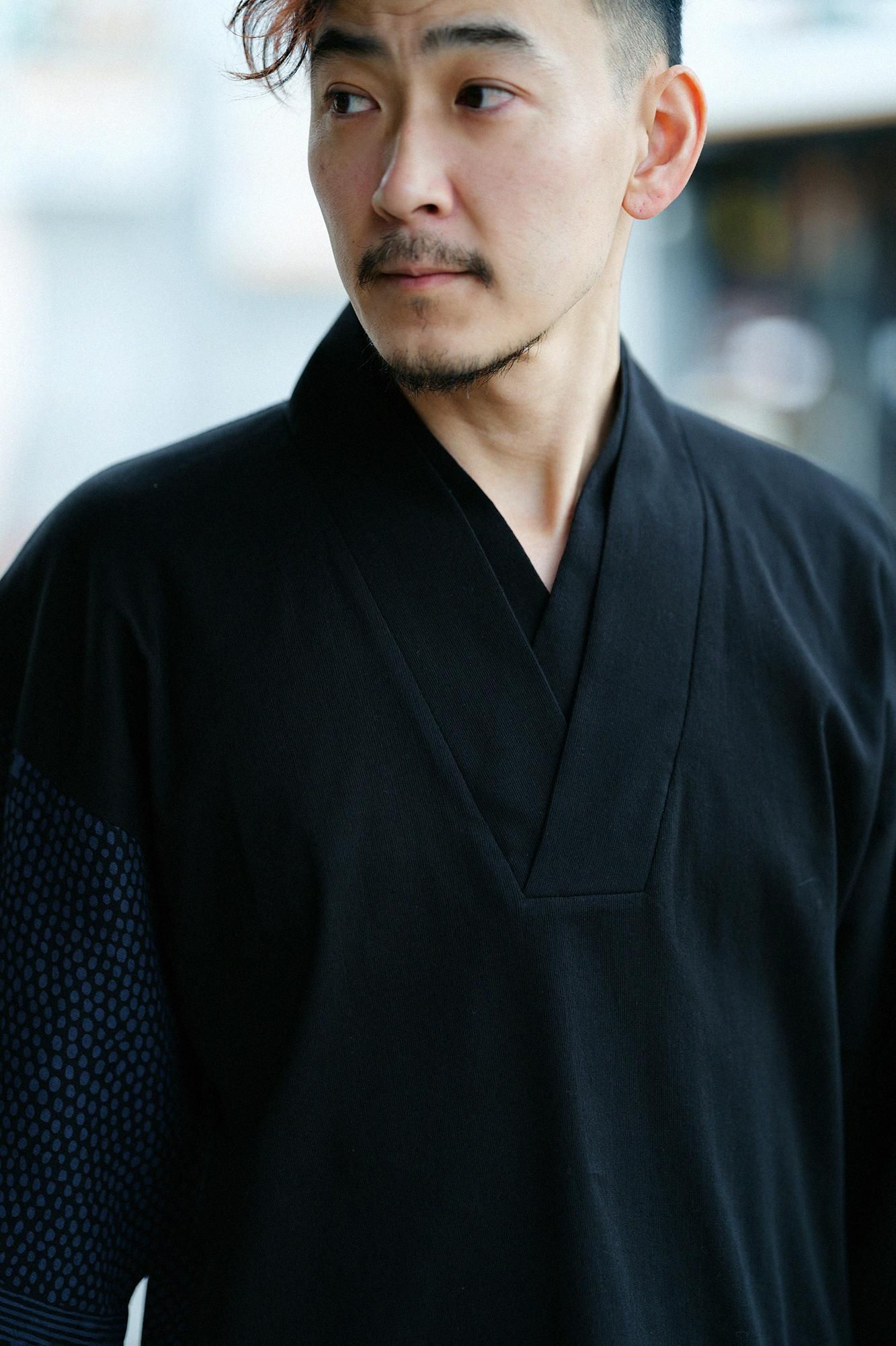 高島縮棉 40/40半衿風靡雙色/黑色×點線