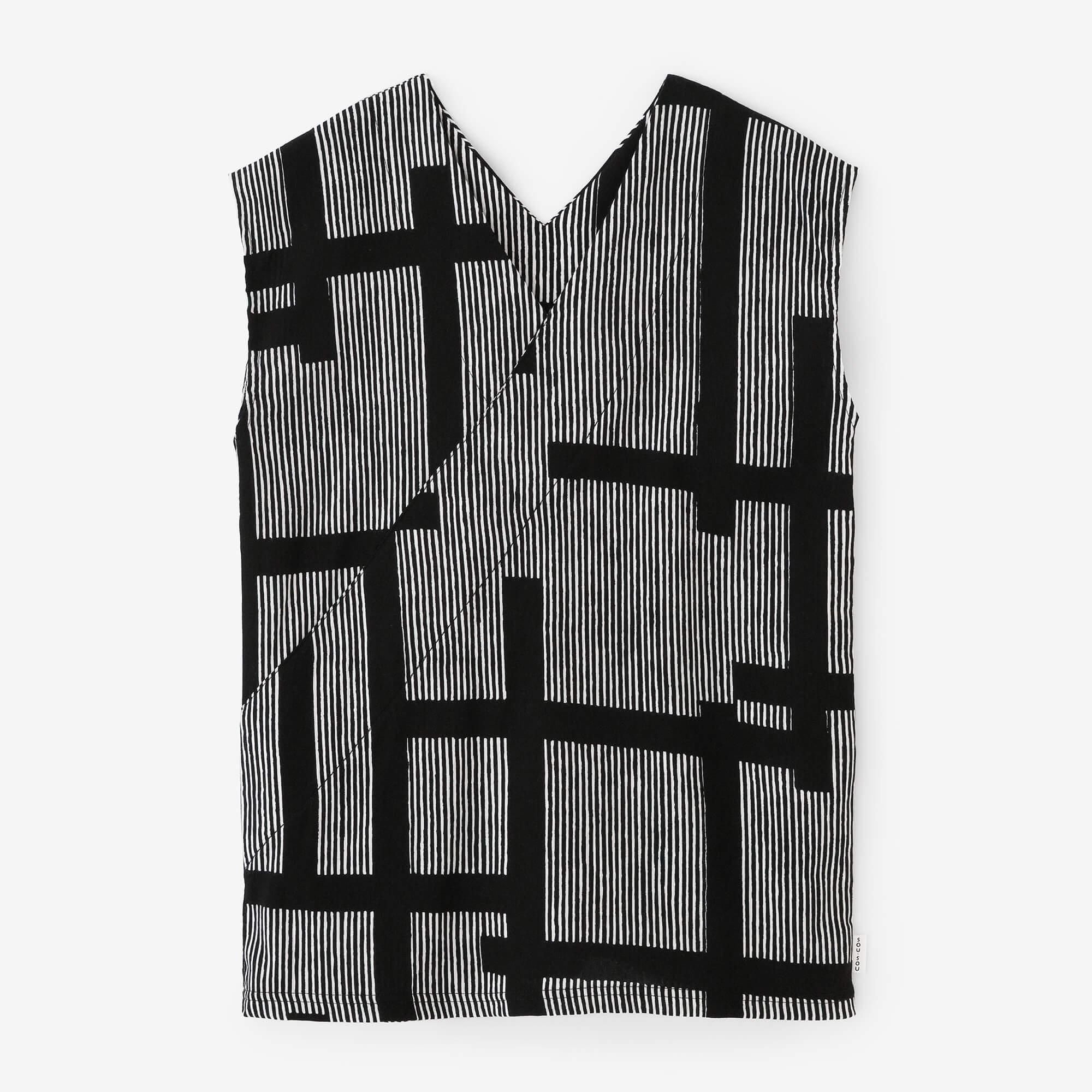 Chizimi Cotton 40/40 V-neck Shirt / Staggered Stripes and Fence