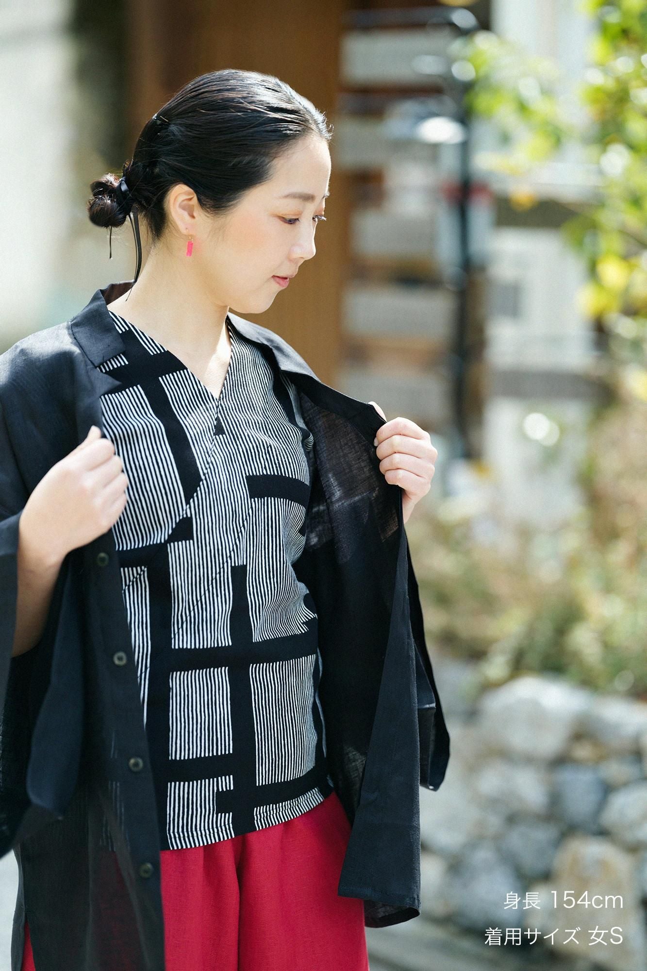 Chizimi Cotton 40/40 V-neck Shirt / Staggered Stripes and Fence