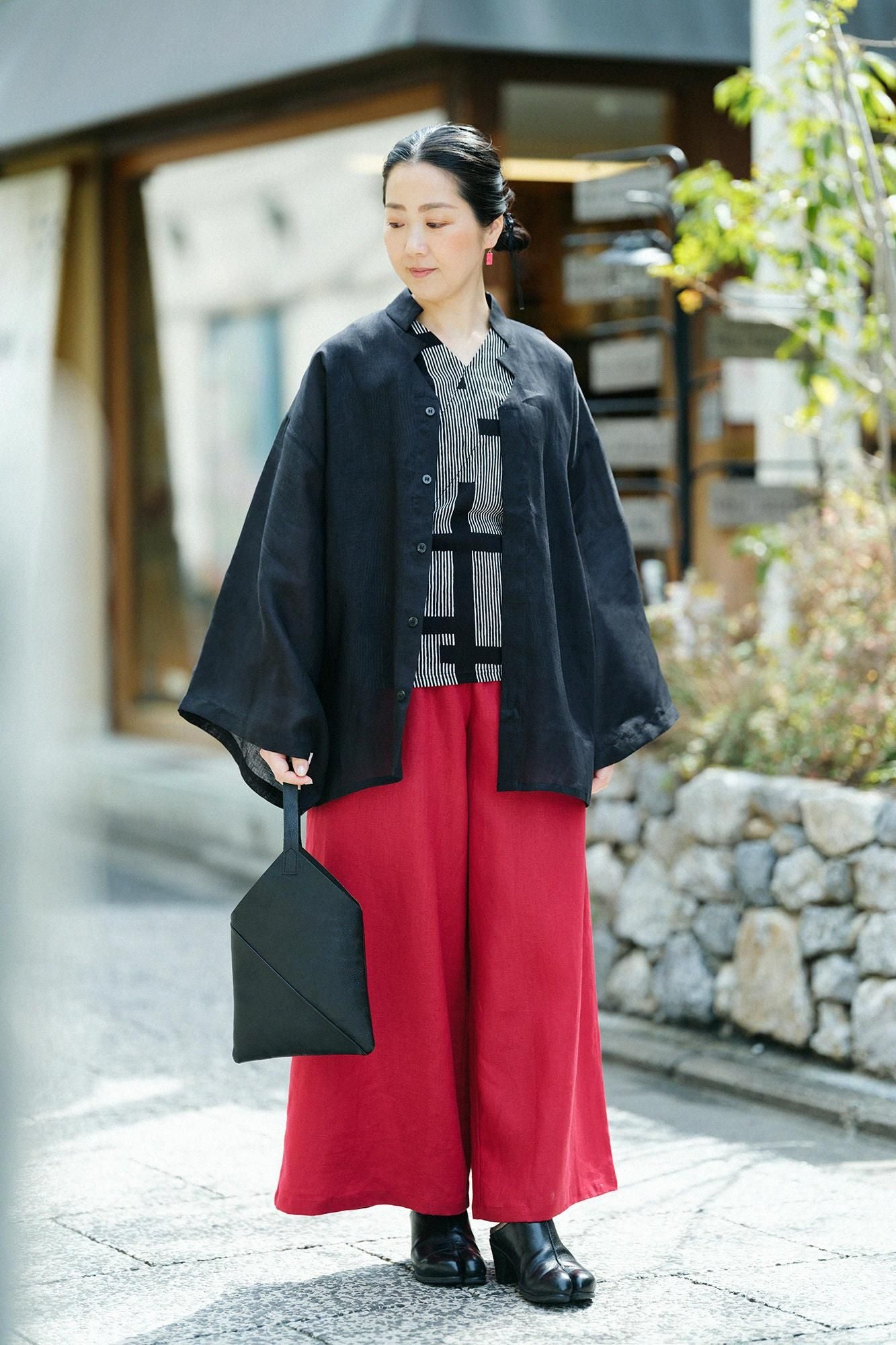 Chizimi Cotton 40/40 V-neck Shirt / Staggered Stripes and Fence