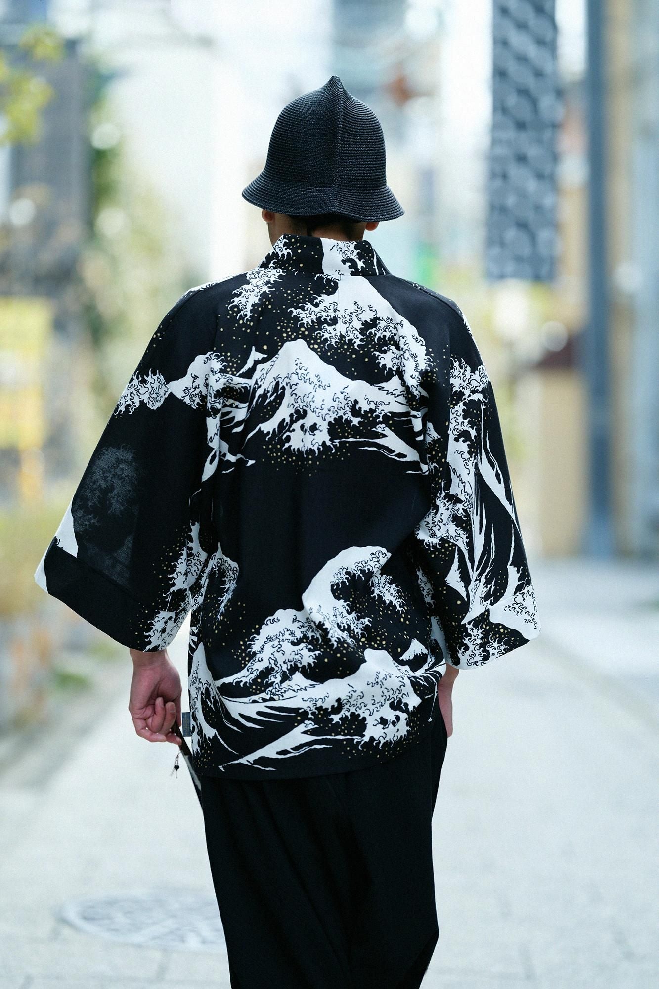 Chizimi Cotton 40/40 Fubi Kimono Shirt Hokusai The Great Wave off Kanagawa-Recreation