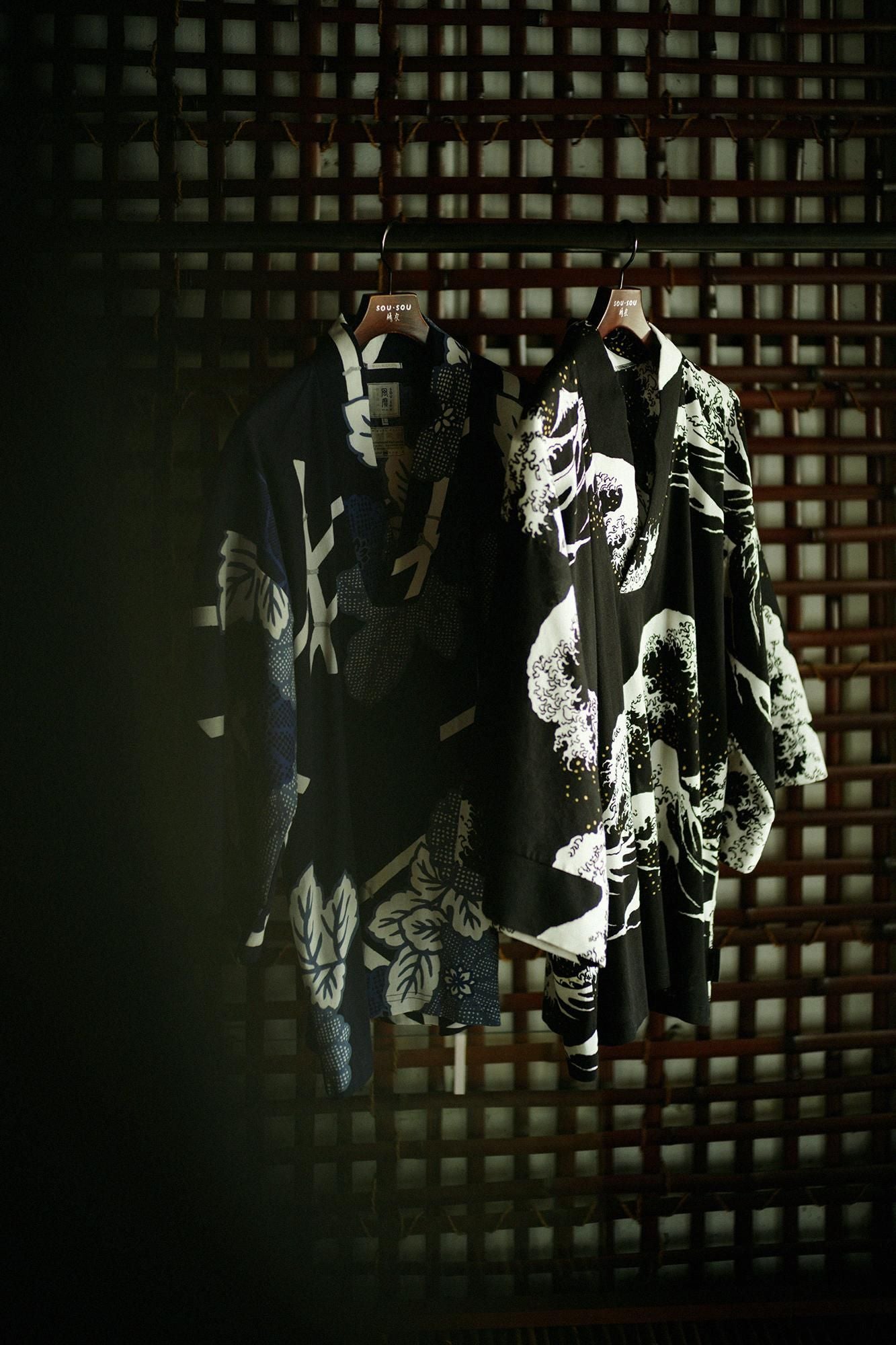 Chizimi Cotton 40/40 Fubi Kimono Shirt Hokusai The Great Wave off Kanagawa-Recreation