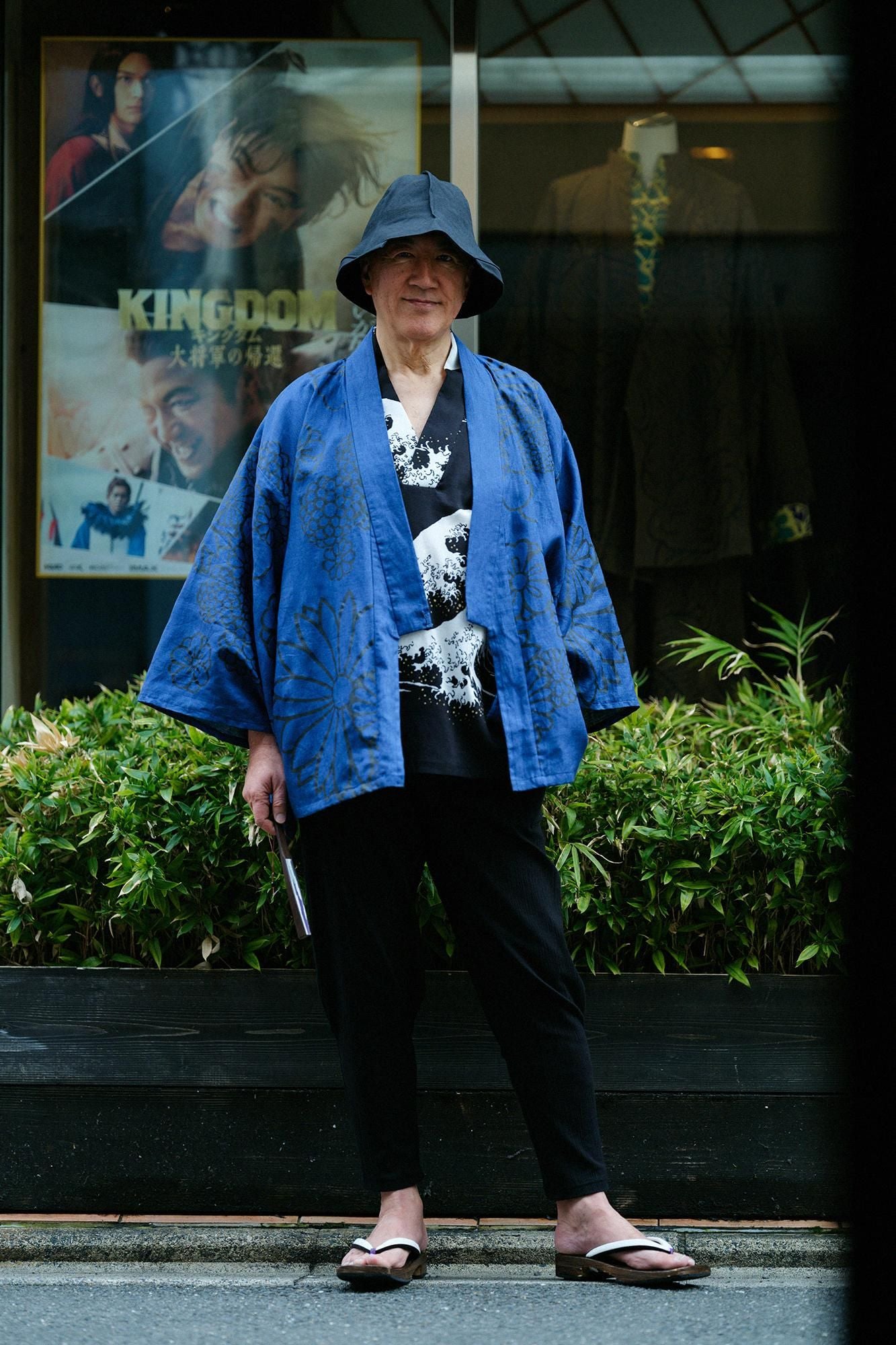 Chizimi Cotton 40/40 Fubi Kimono Shirt Hokusai The Great Wave off Kanagawa-Recreation