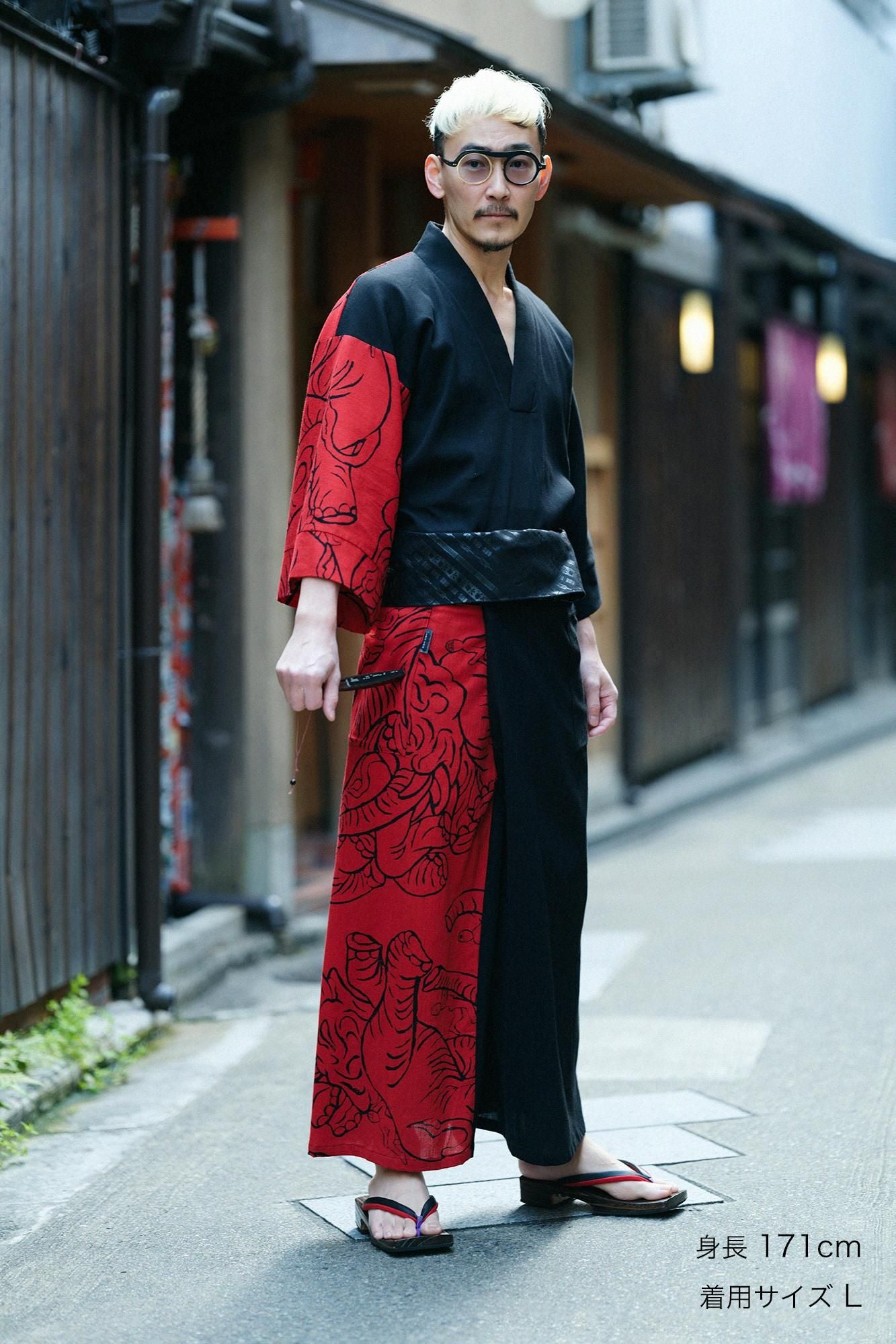 Chizimi Cotton 40/40 Fubi Kimono Shirt Bi-color / Black × flying elephants