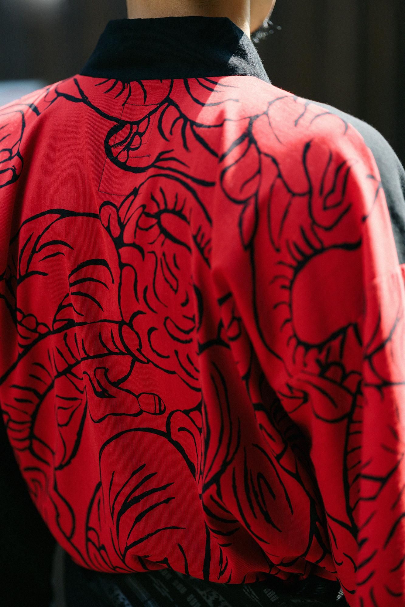 Chizimi Cotton 40/40 Fubi Kimono Shirt Bi-color / Black × flying elephants