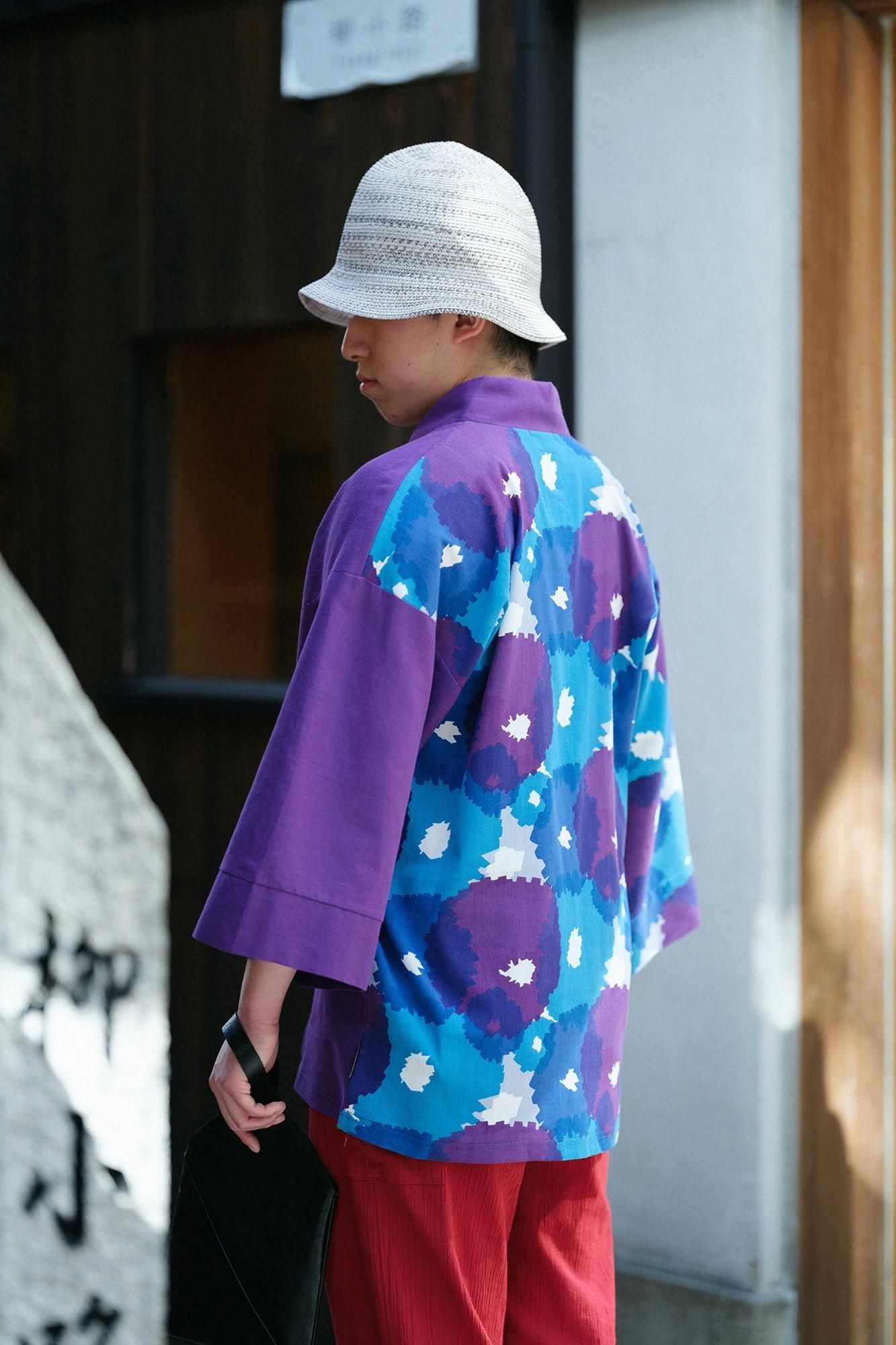 Chizimi Cotton 40/40 Fubi Kimono Shirt Bi-color / Violet × Full Bloom