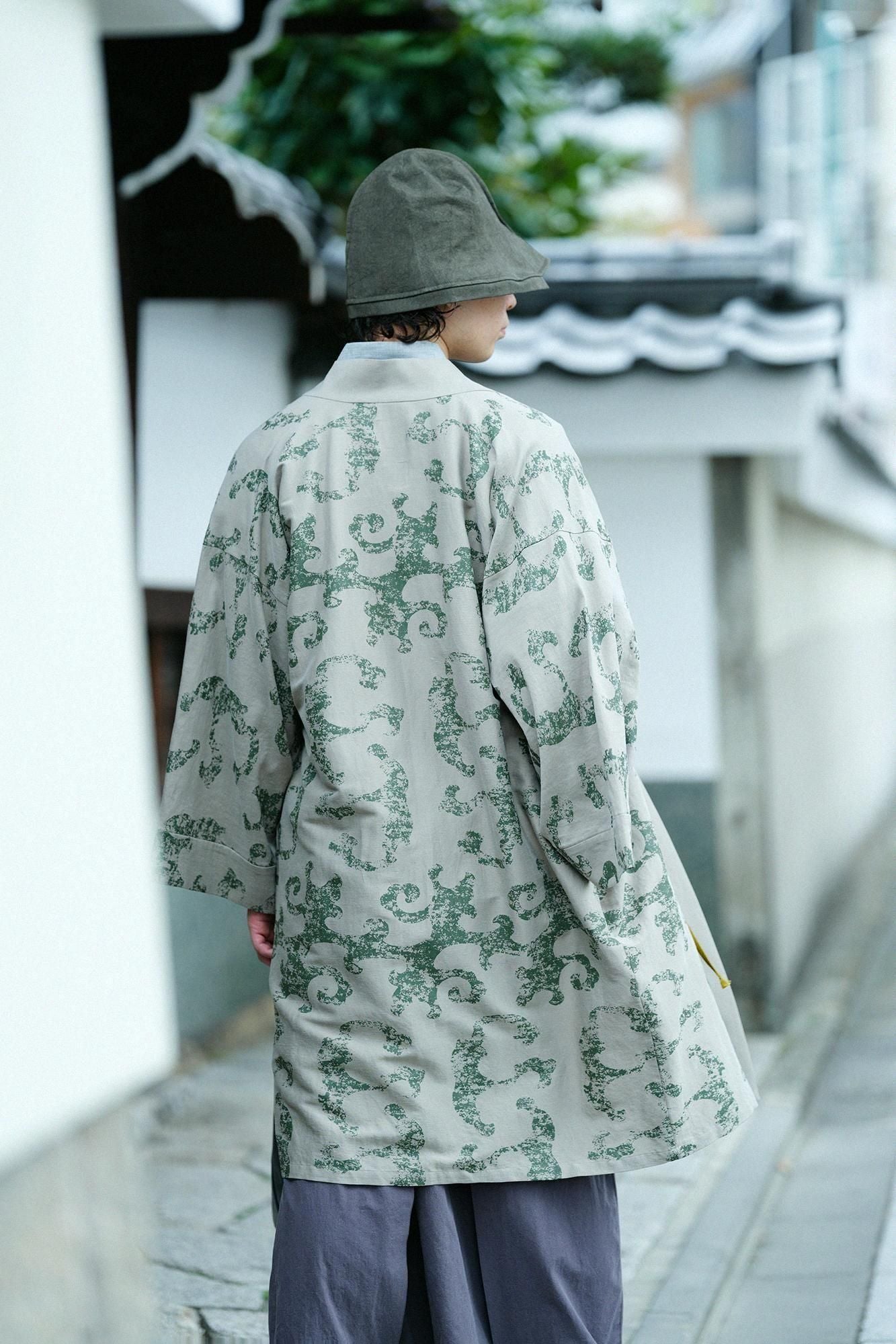 Cotton Linen-Rayon Blend Hanten Long-sleeved Jacket Mid-length Single Layer / Raging Billows Era Lye Color