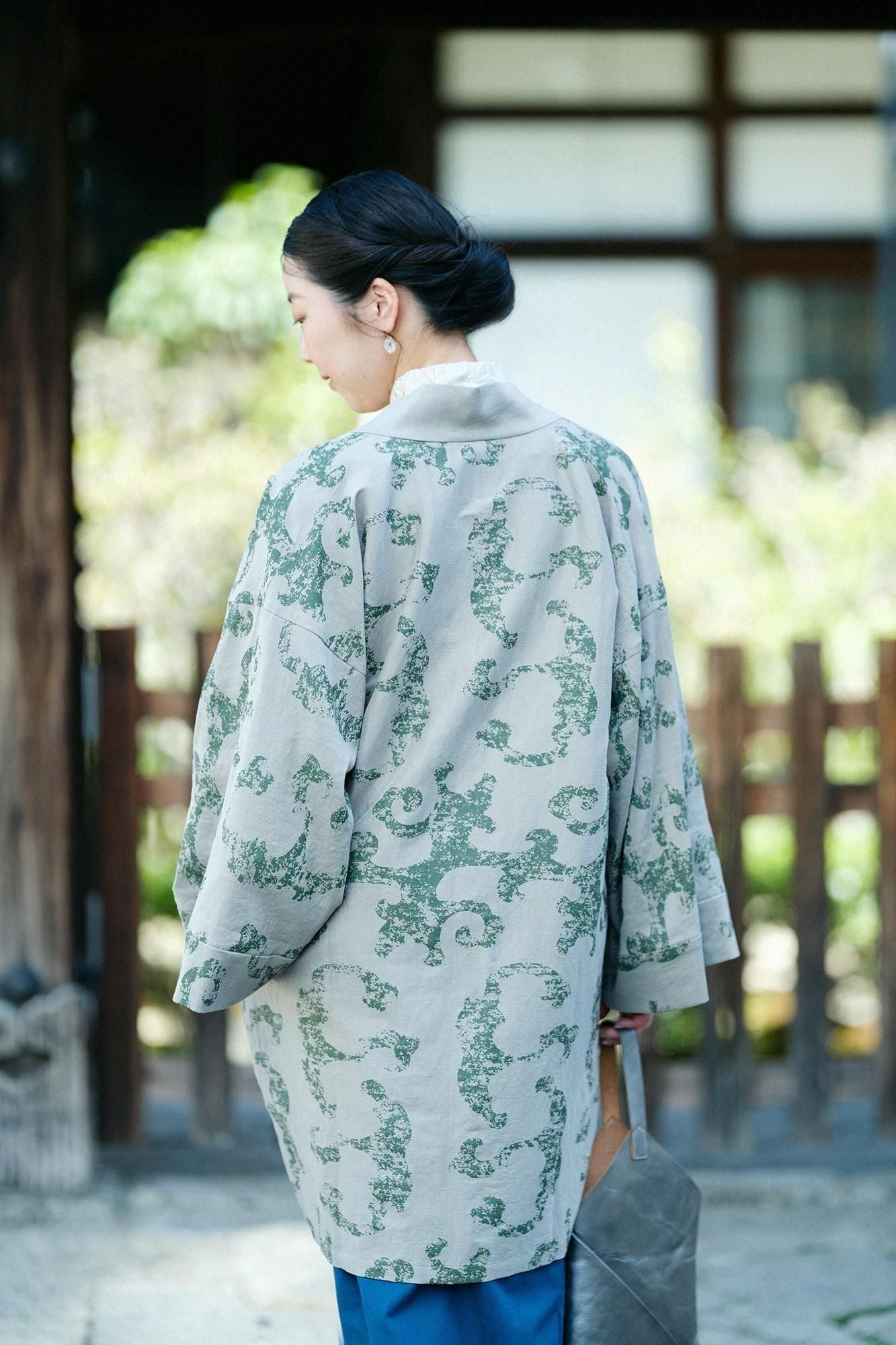 Cotton Linen-Rayon Blend Hanten Long-sleeved Jacket Mid-length Single Layer / Raging Billows Era Lye Color