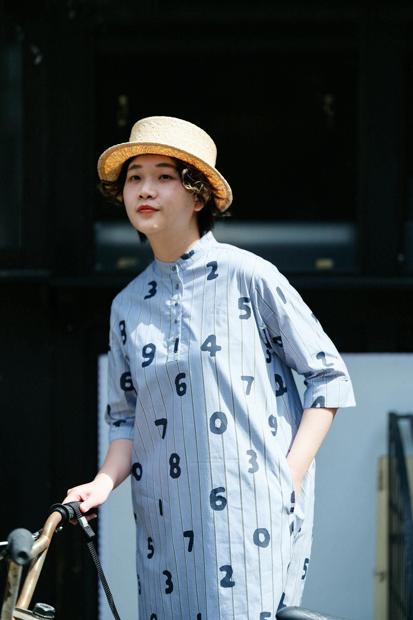 Satin Striped BIKE One-piece Dress / SO-SU-U Greyish Blue