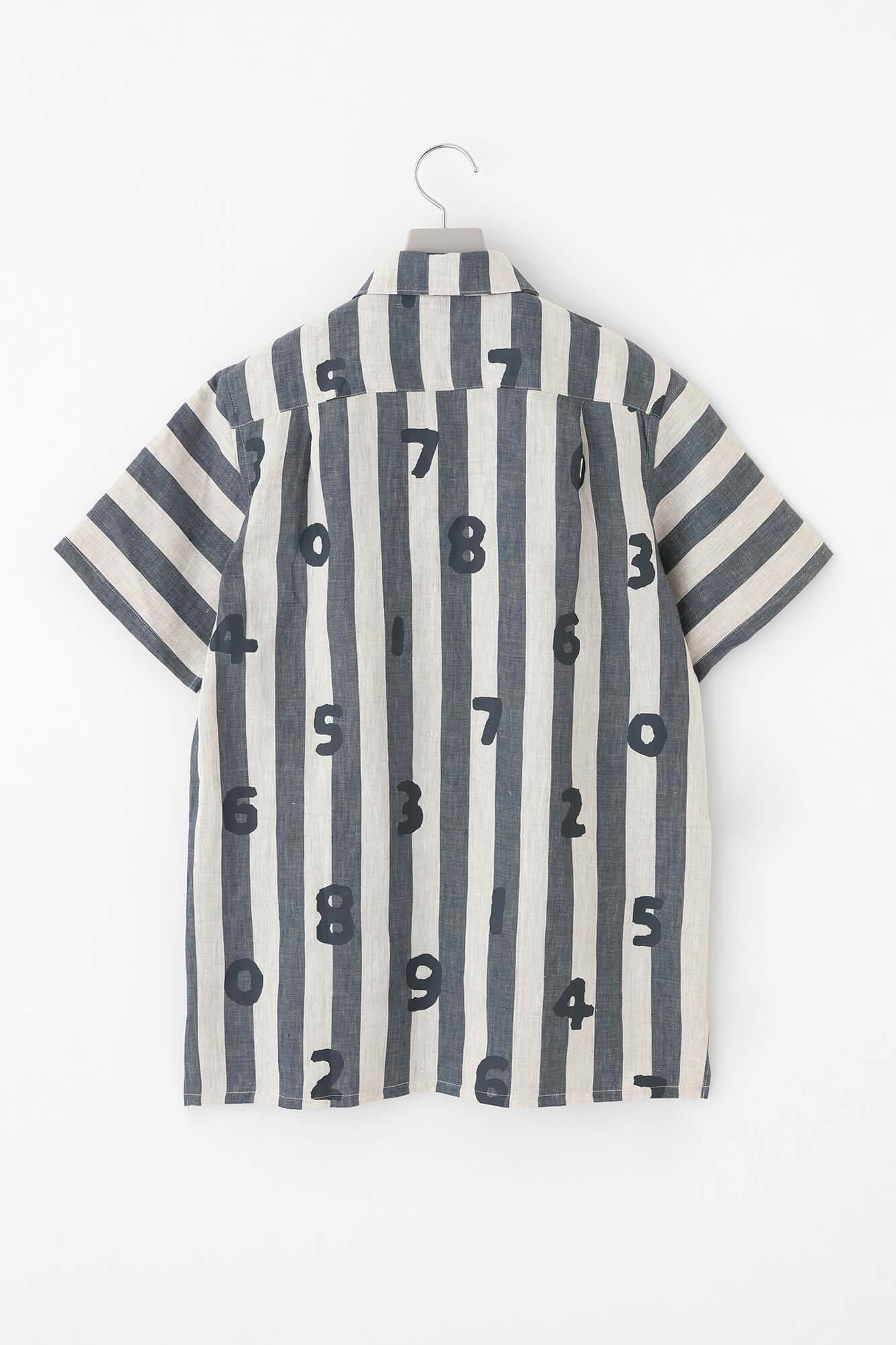 亞麻條紋W.P.短袖襯衫/SO-SU-U十數 亞麻色×灰藍色