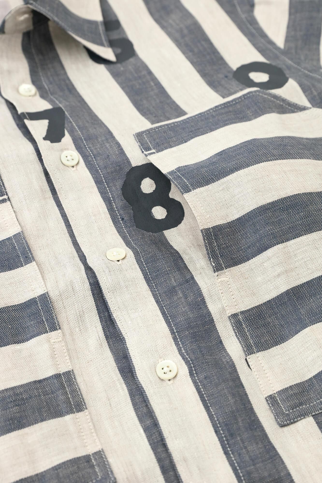 亞麻條紋W.P.短袖襯衫/SO-SU-U十數 亞麻色×灰藍色