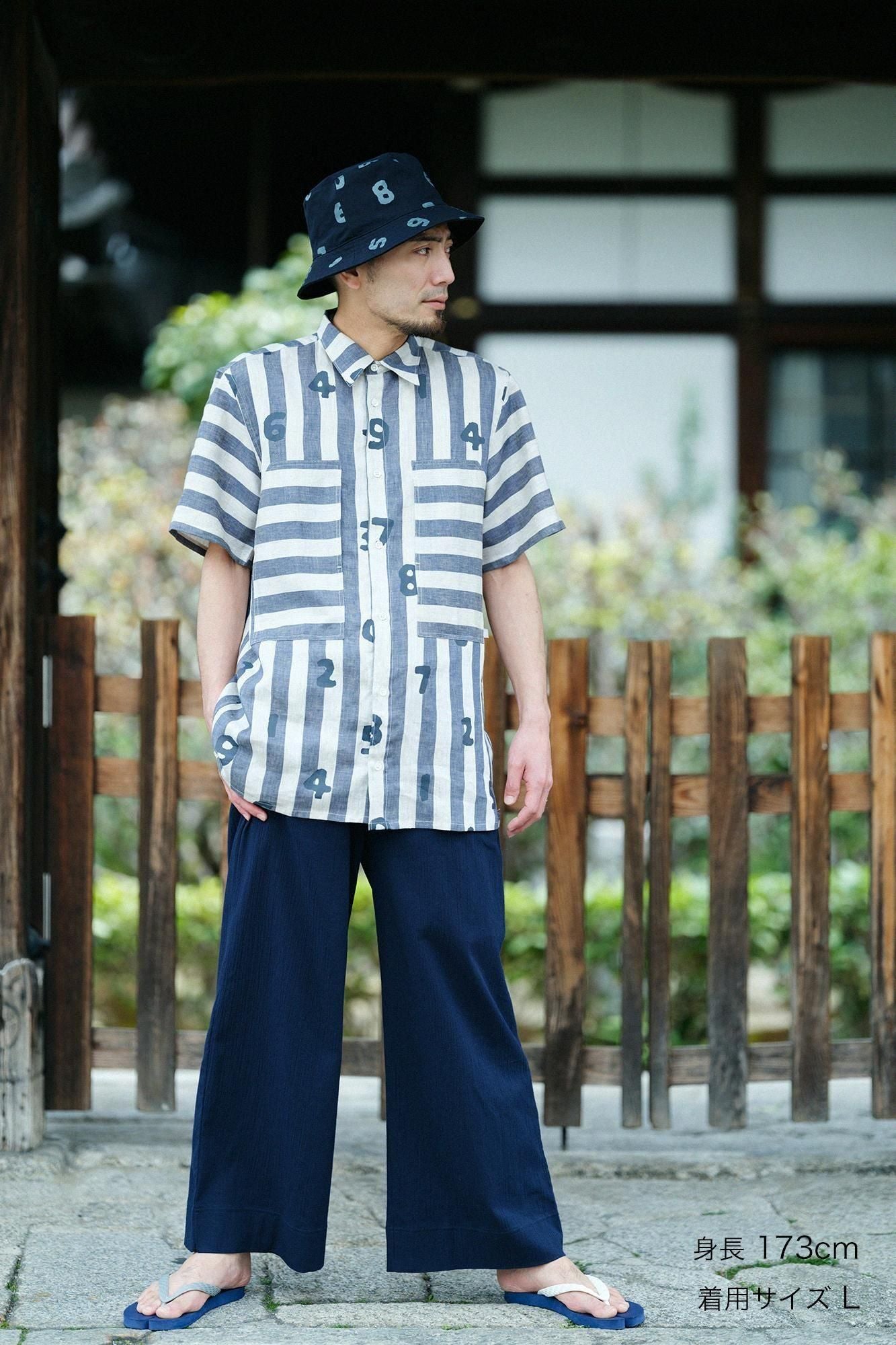 亞麻條紋W.P.短袖襯衫/SO-SU-U十數 亞麻色×灰藍色