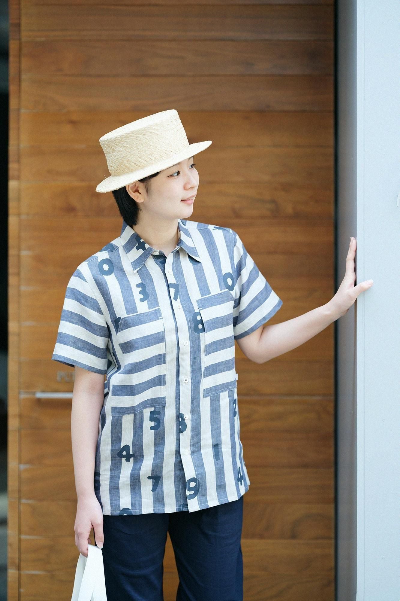 亞麻條紋W.P.短袖襯衫/SO-SU-U十數 亞麻色×灰藍色