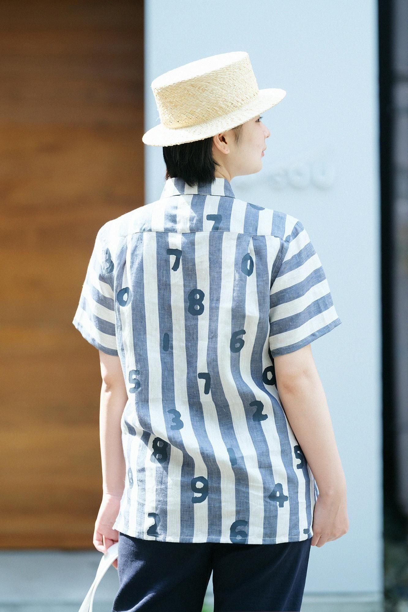 亞麻條紋W.P.短袖襯衫/SO-SU-U十數 亞麻色×灰藍色