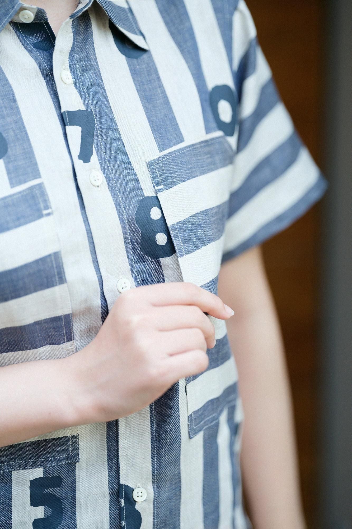 亞麻條紋W.P.短袖襯衫/SO-SU-U十數 亞麻色×灰藍色