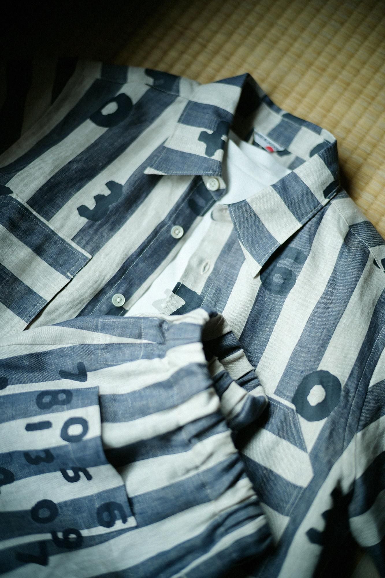 亞麻條紋W.P.短袖襯衫/SO-SU-U十數 亞麻色×灰藍色