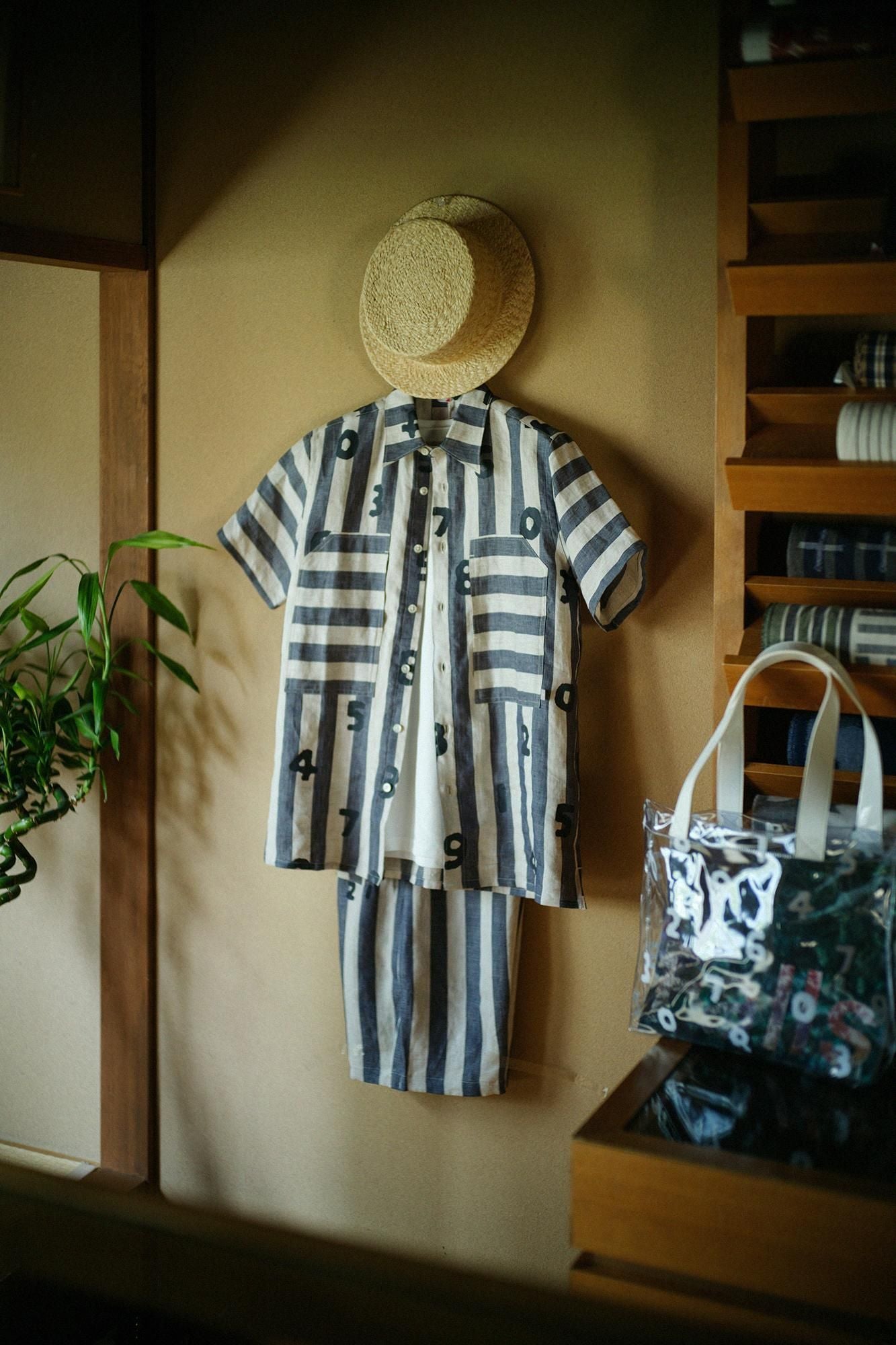 亞麻條紋 休閒短褲/亞麻色×灰藍色