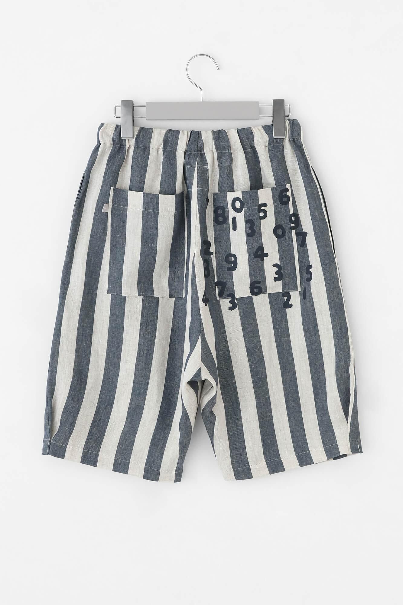 亞麻條紋 休閒短褲/亞麻色×灰藍色