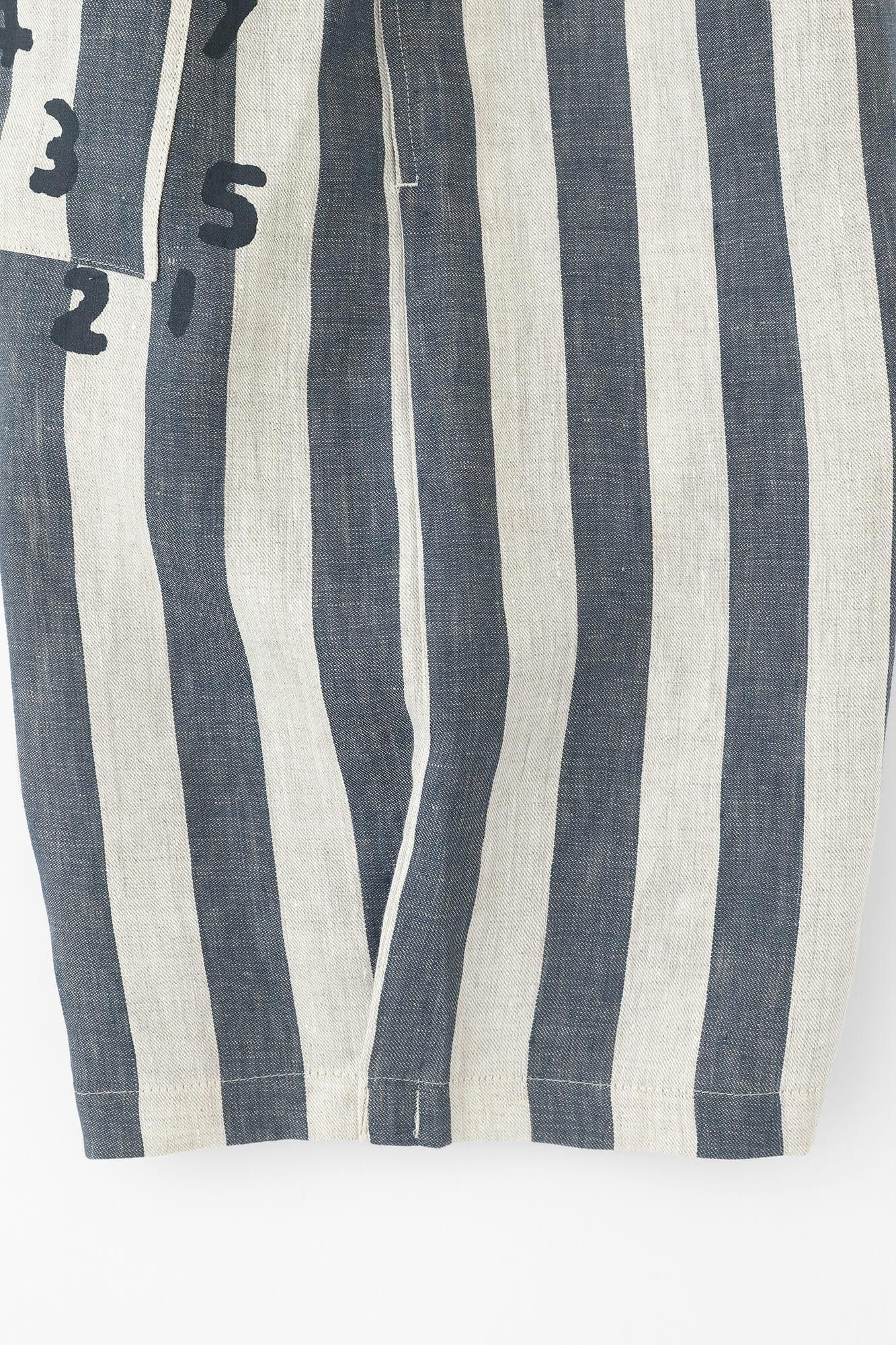 亞麻條紋 休閒短褲/亞麻色×灰藍色