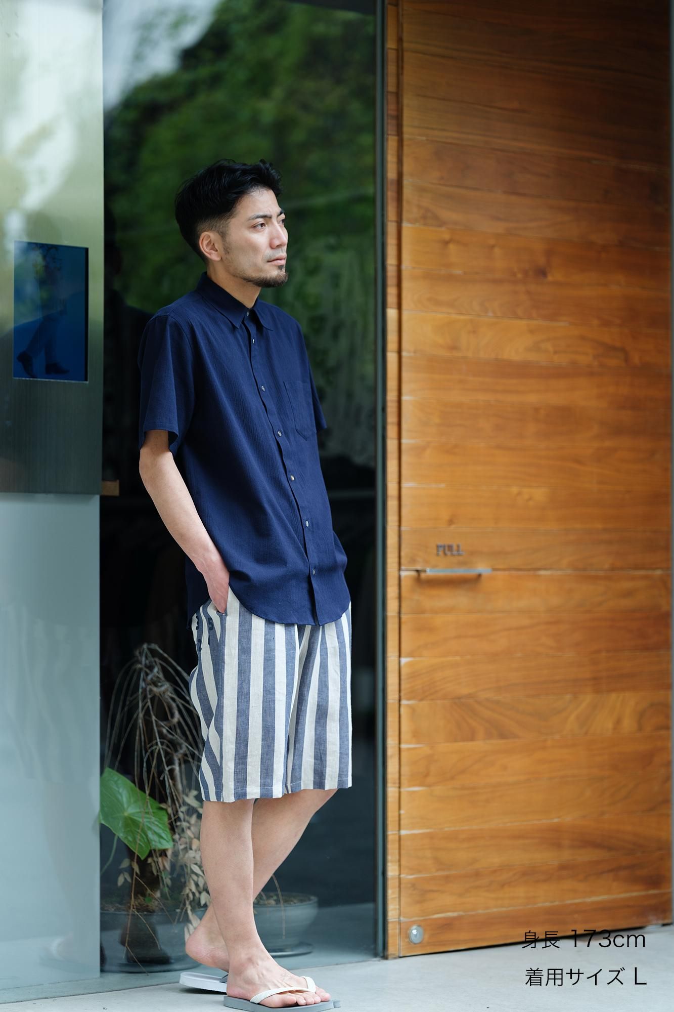 亞麻條紋 休閒短褲/亞麻色×灰藍色