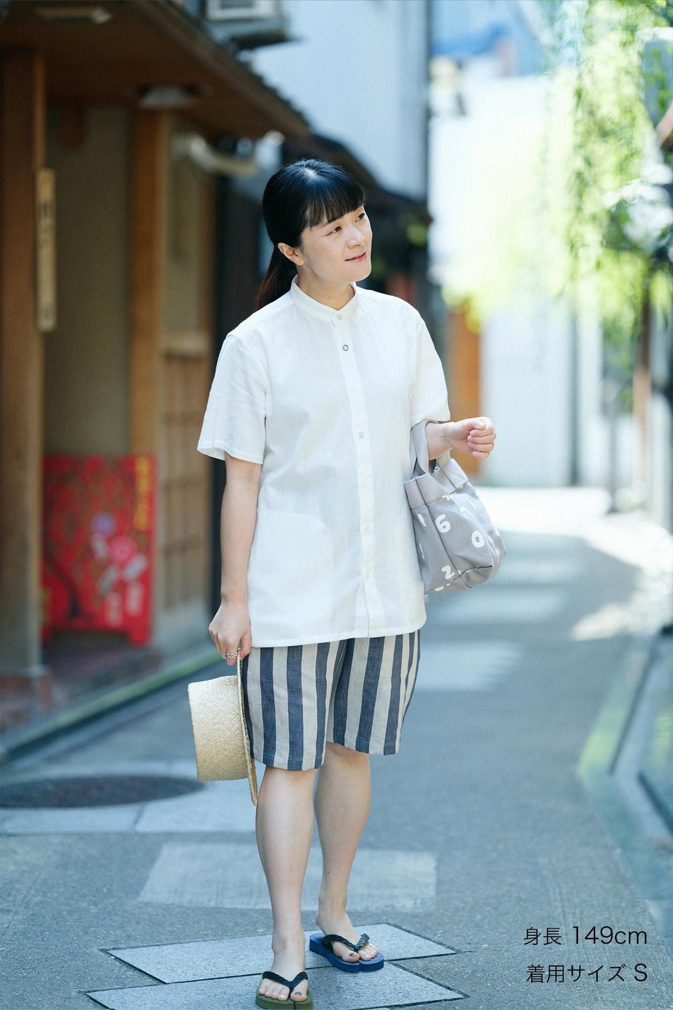 亞麻條紋 休閒短褲/亞麻色×灰藍色