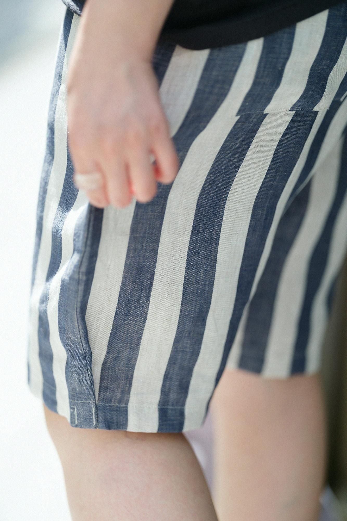 亞麻條紋 休閒短褲/亞麻色×灰藍色