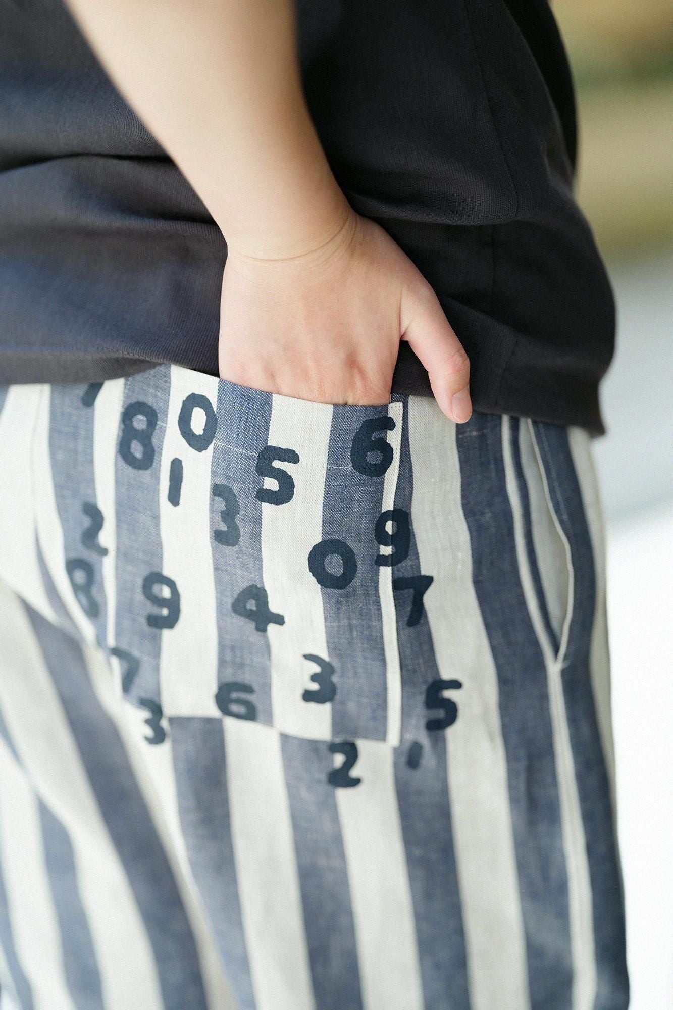 亞麻條紋 休閒短褲/亞麻色×灰藍色