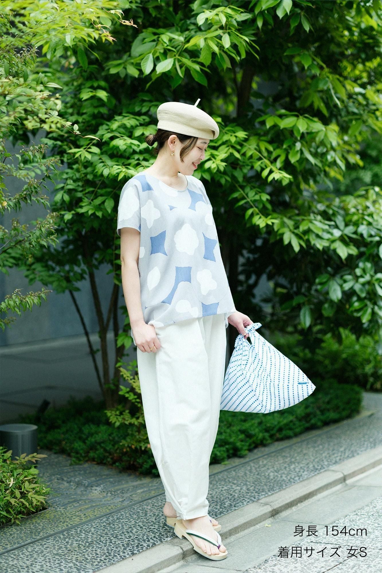 棉麻紡 斜紋織 二褶闊腿褲 蕾/白色