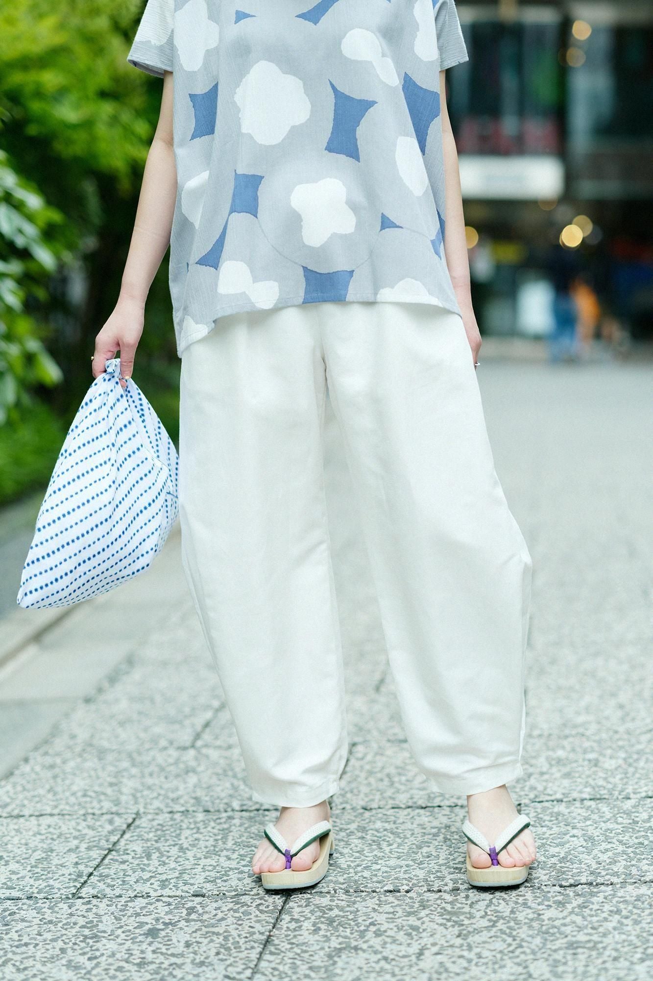 棉麻紡 斜紋織 二褶闊腿褲 蕾/白色