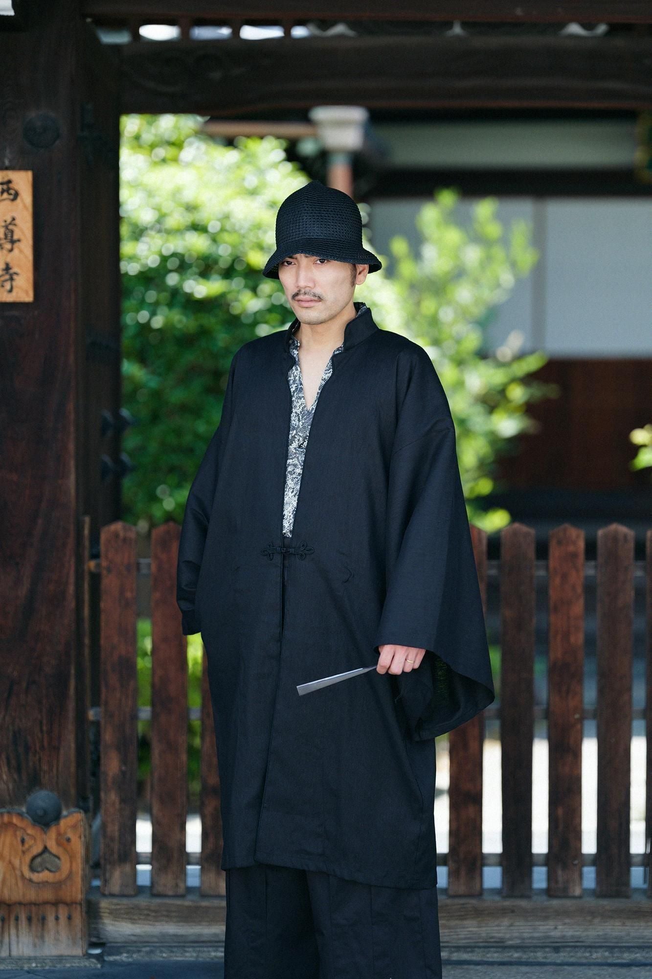 Linen-Rayon Blend Shinshu Haori Mid-length Single Layer / Black