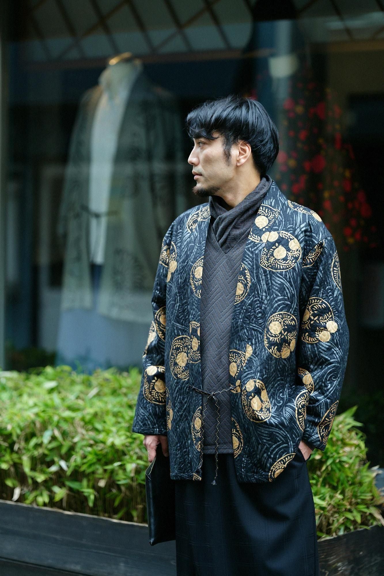 ジャカール ふくれ織 筒袢纏(つつばんてん) 単(ひとえ)/草紋(そうもん) 濡羽色(ぬればいろ)