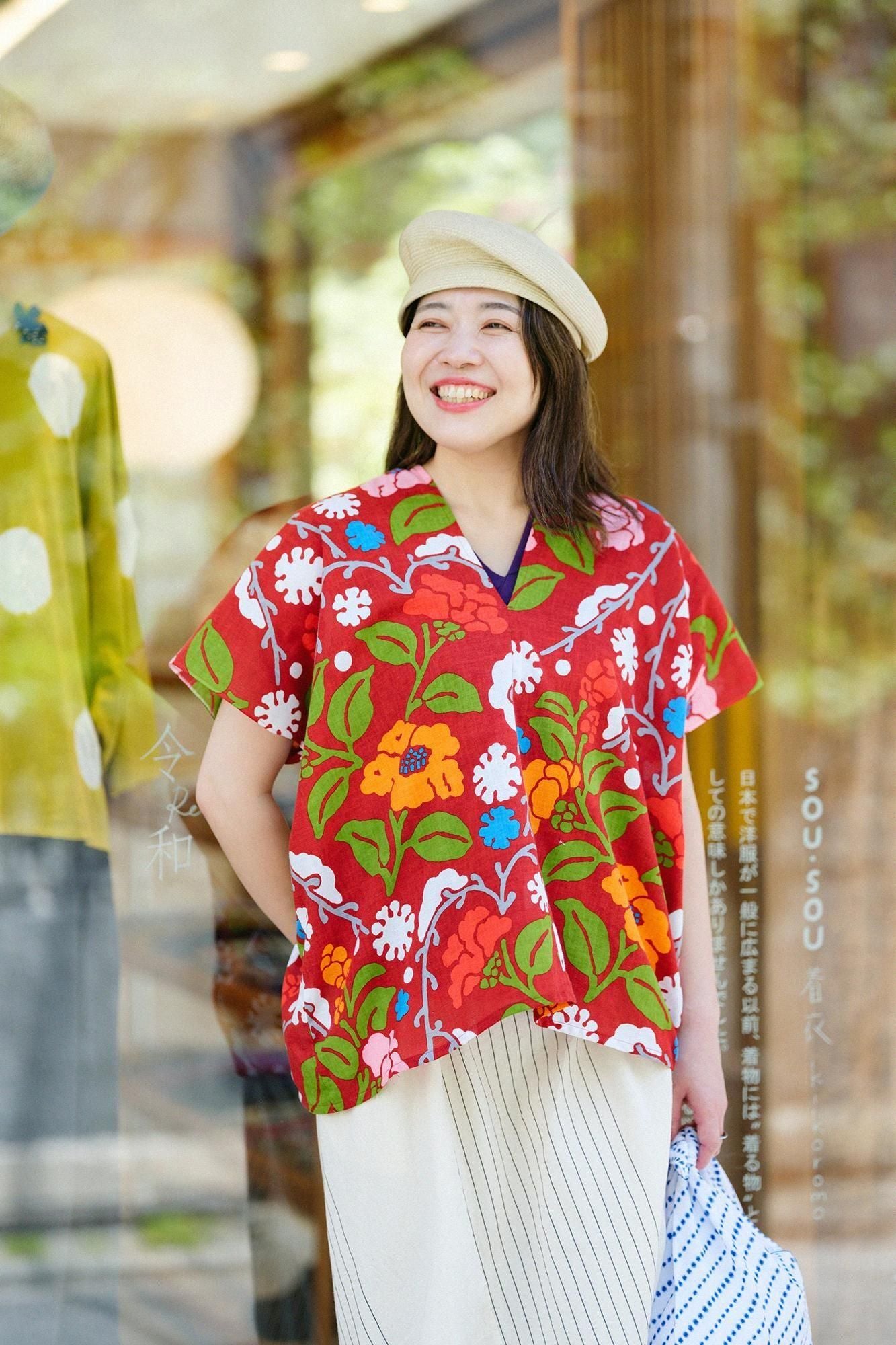 【官網限定】伊勢木棉 文 方形上衣 拼接/與山茶花的雪摩奇柳樹(雪柳與椿)