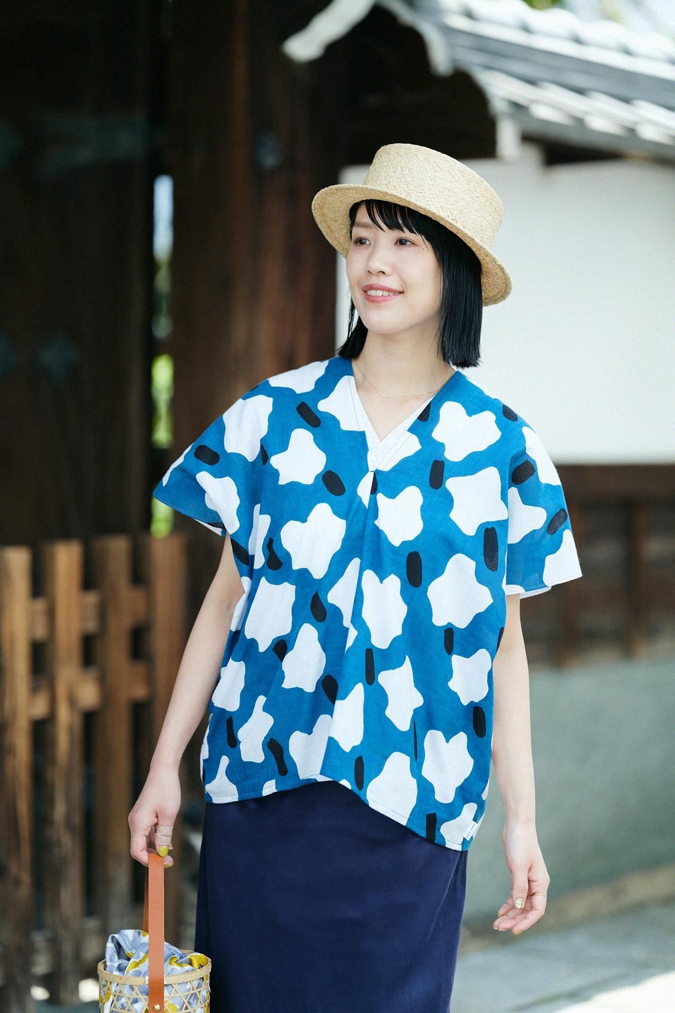 伊勢木棉 文 方形上衣 拼接/棉花糖