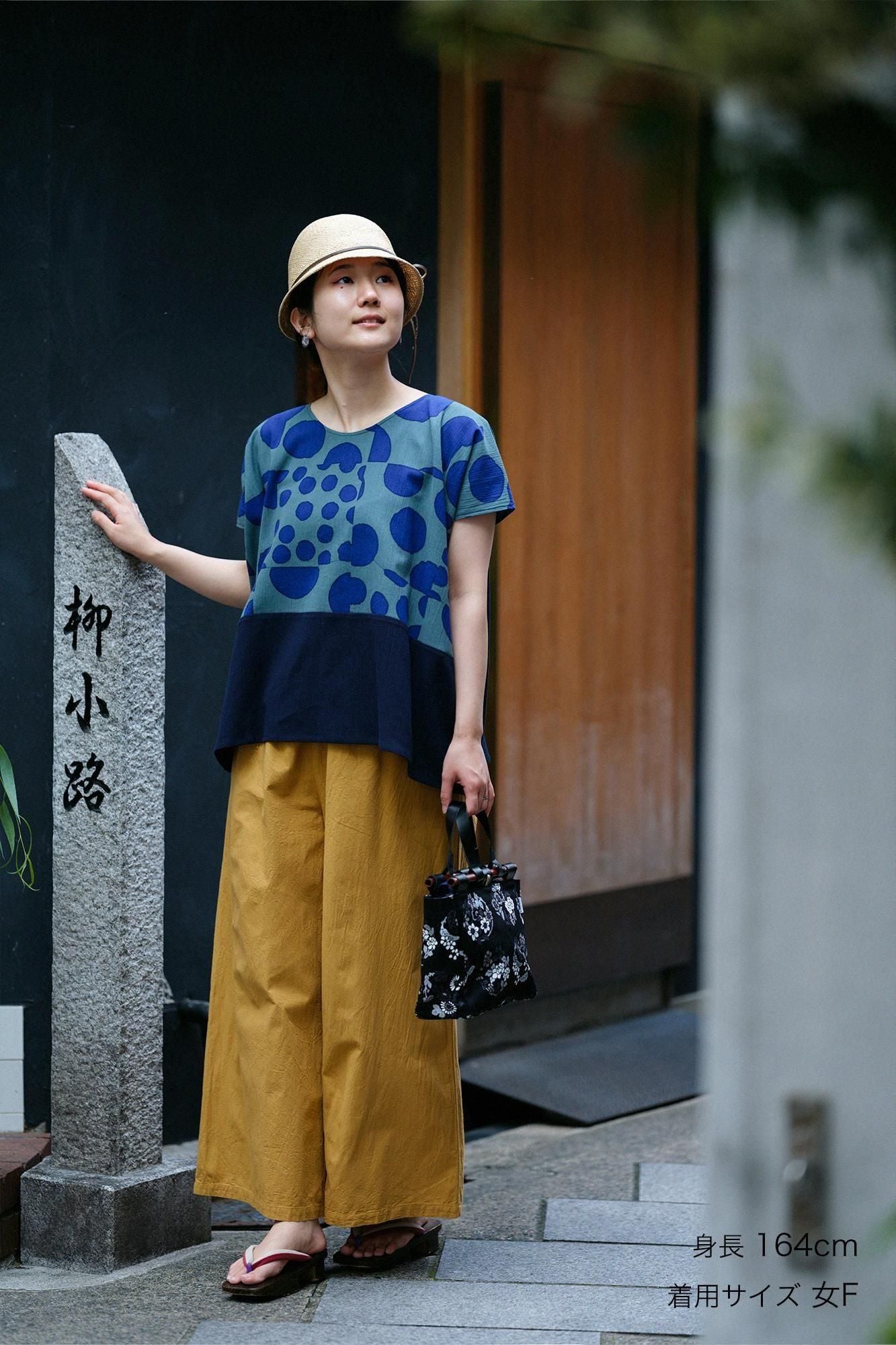 高島縮棉 20/20 方形上衣 雙色 肩紋樣/圓圈圈×藍黑色