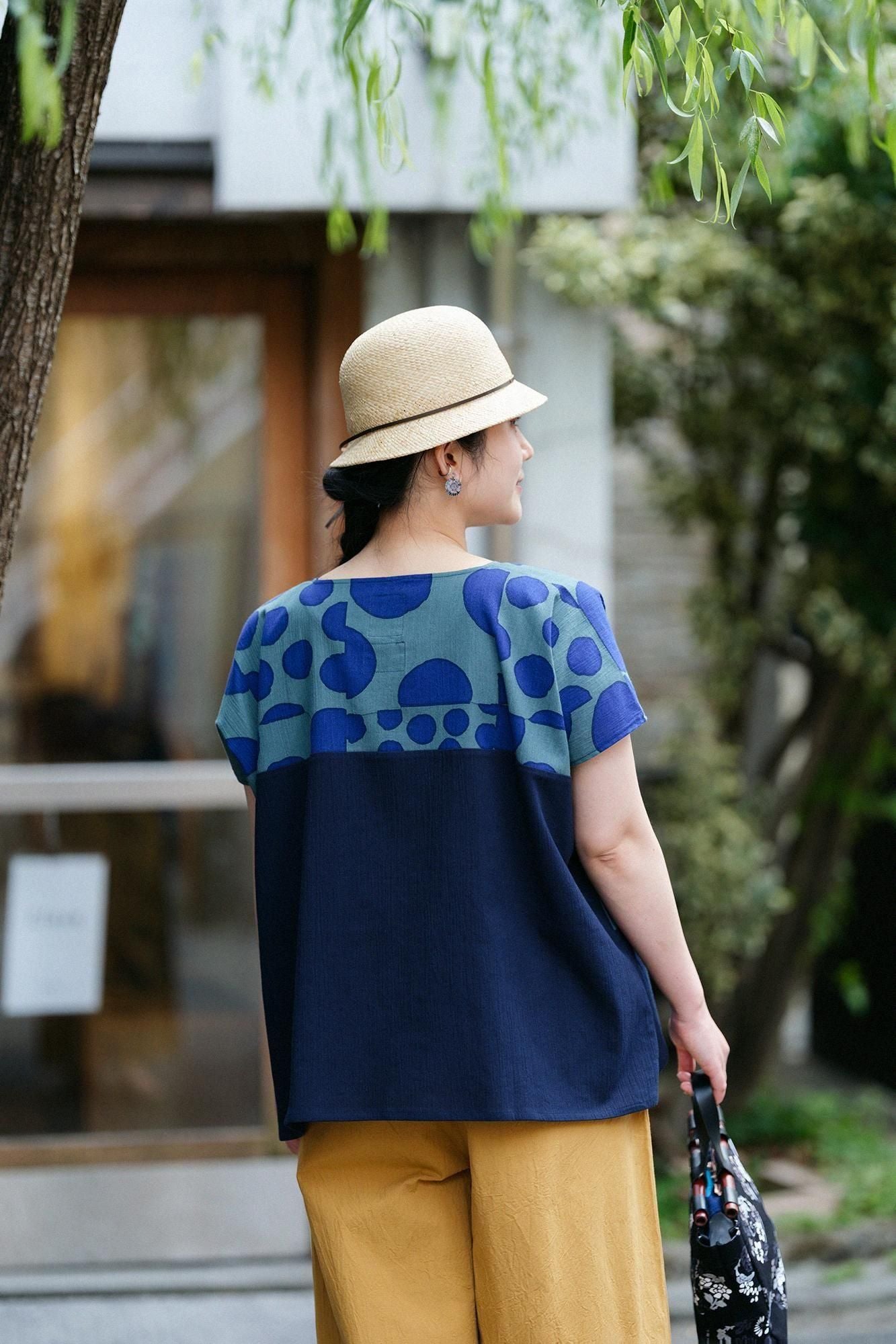 高島縮棉 20/20 方形上衣 雙色 肩紋樣/圓圈圈×藍黑色