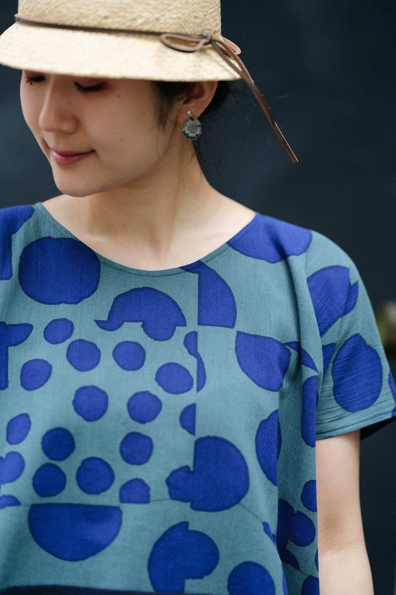 高島縮棉 20/20 方形上衣 雙色 肩紋樣/圓圈圈×藍黑色