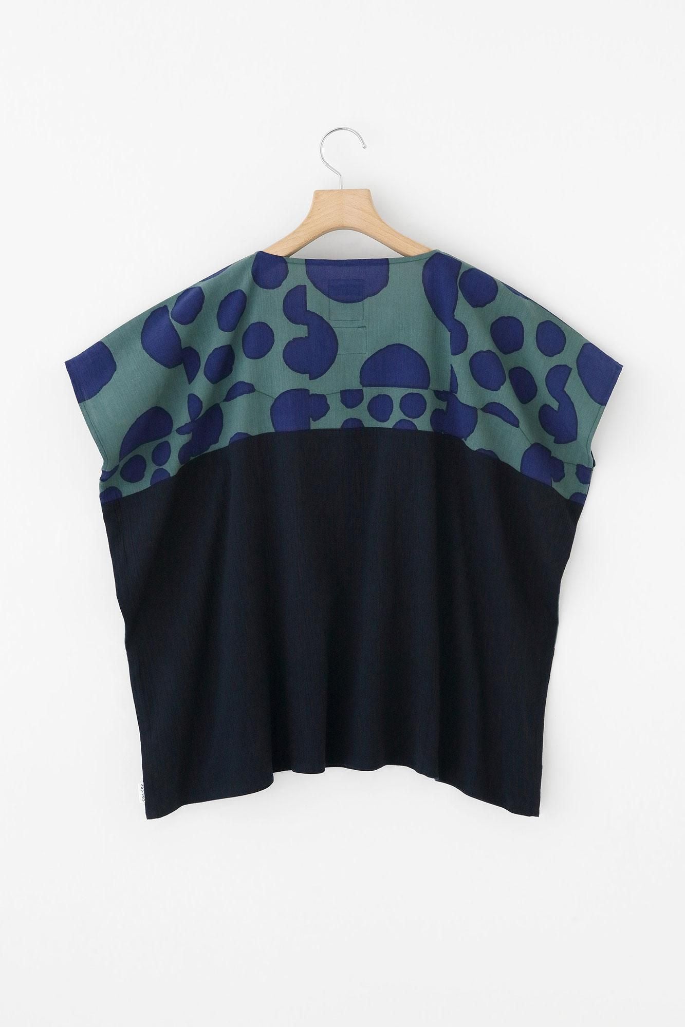 高島縮棉 20/20 方形上衣 雙色 肩紋樣/圓圈圈×藍黑色