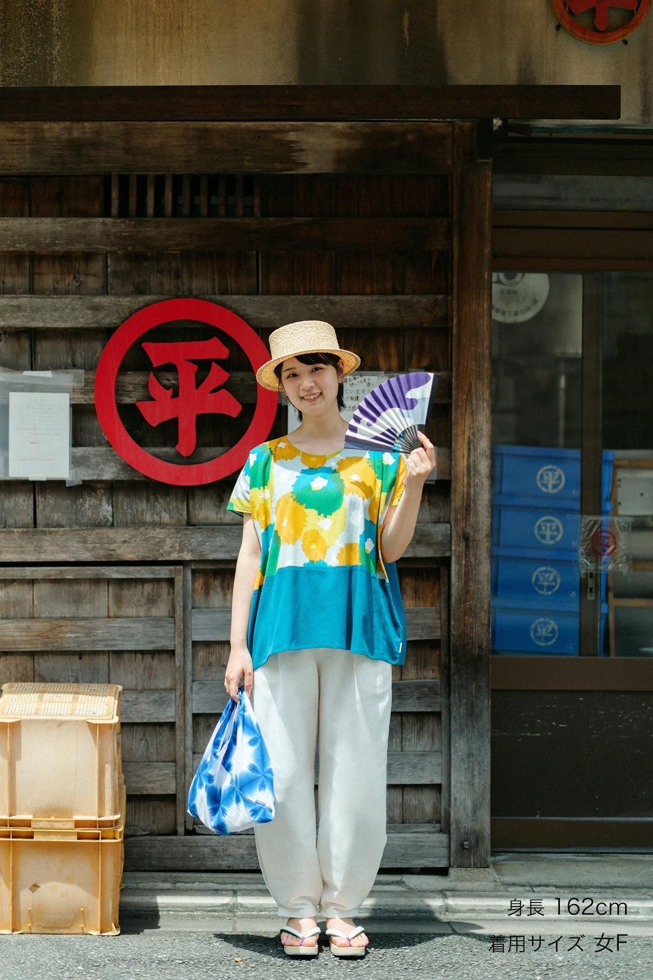 Chizimi Cotton 20/20 Square Top Bi-color Pattern on Shoulder / Full Bloom × Marine Green