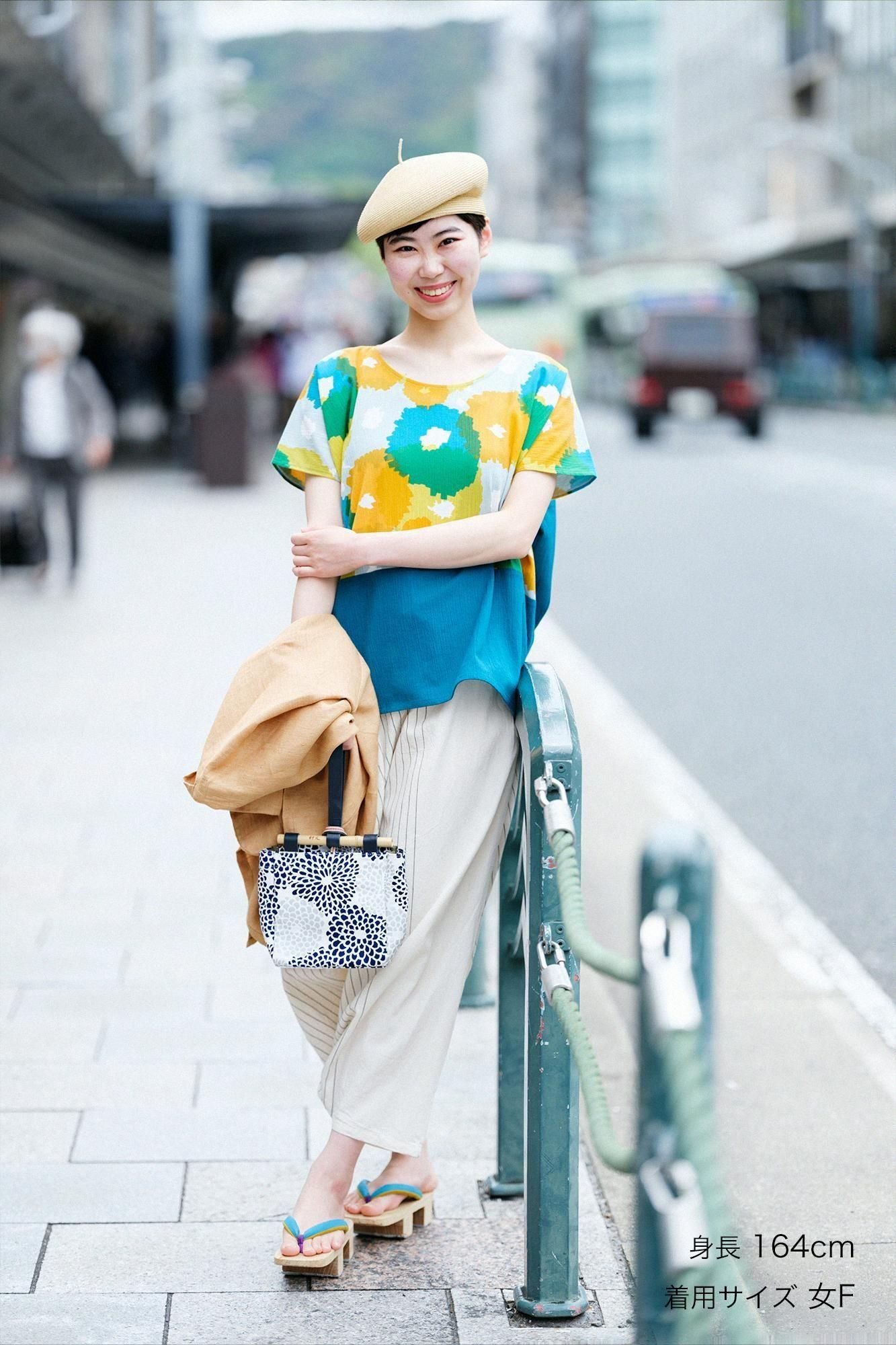 Chizimi Cotton 20/20 Square Top Bi-color Pattern on Shoulder / Full Bloom × Marine Green